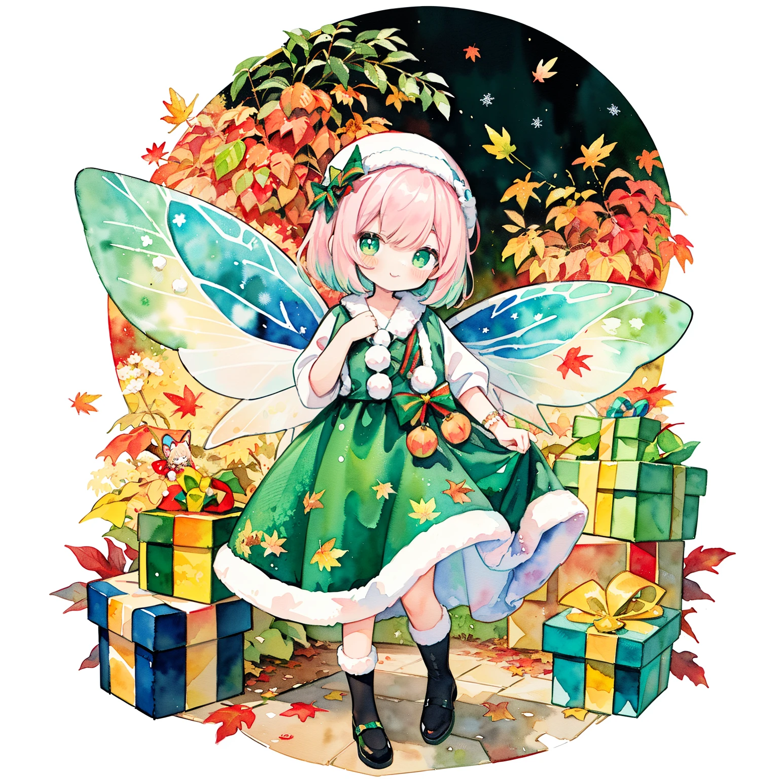 Transparent watercolor,Copic Art,green and red background,(PastelColors:1.3)、(Cute illustration:1.3)、(watercolor paiting:1.1)、(A girl wearing fairy wings made of autumn leaves：1.3),With a cat,Christmas Backgrounds:1.3,（lift a large gift box：1.5）,a smile