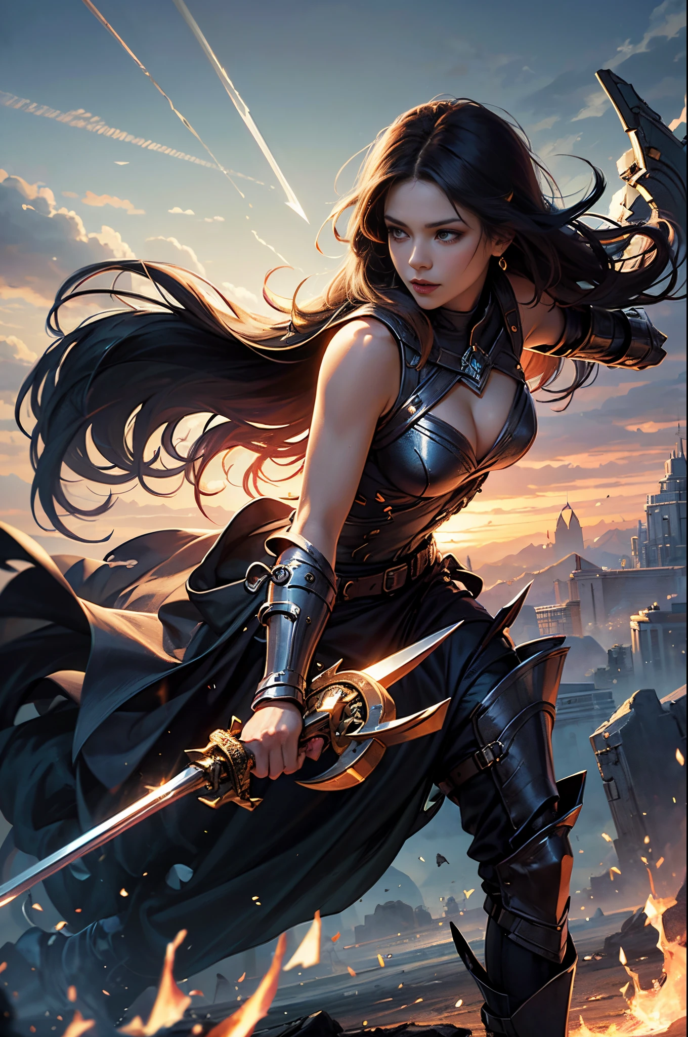 Araphed woman in black and red costume with sword, a character portrait by Yang J, cg society contest winner, Fantasy Art, epic exquisite character art, Stunning character art, redhead queen in heavy red armor, 2. 5 d cgi anime fantasy artwork, epic fantasy art style, ig model | ArtGerm, epic fantasy digital art style, Battlefield Commander, Invincible female general, brave, Awe-inspiring Hall々, extremely detailed and beautiful eyes, perfect supermodel body, Cloak wrapped in the wind, Battle Master, Veteran Warrior, incarnation of athena, Best Quality, Perfect Angle, perfect-composition, Best Shots, Official art, ciinematic light, valkyrie