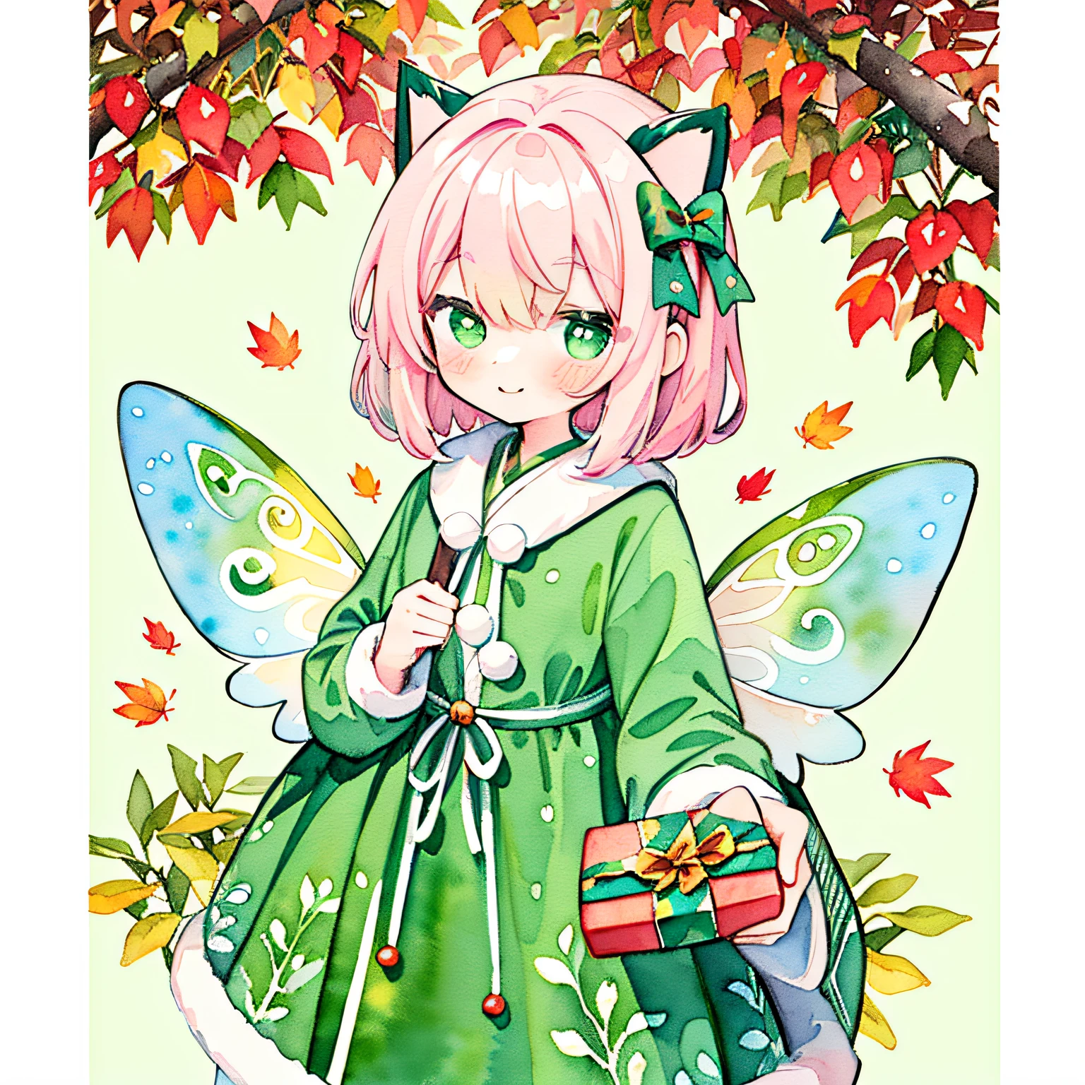 Transparent watercolor,Copic Art,green and red background,(PastelColors:1.3)、(Cute illustration:1.3)、(watercolor paiting:1.1)、(A girl wearing fairy wings made of autumn leaves:1.3),With a cat,Christmas Backgrounds:1.3,(lift a large gift box:1.5),A smile
