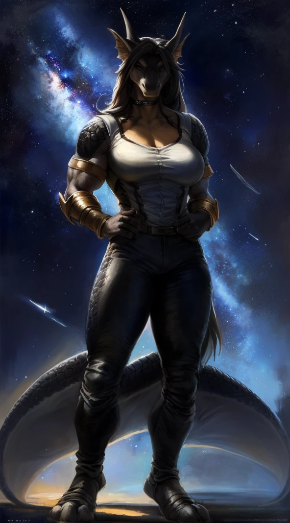 Dragon girl, big chest, day, sexy, sensual, detailed, uploaded to e621, beautiful and detailed portrait of an powerful anthropomorphic dragon ((female))) kenket, ross tran, ruan jia, uploaded to e621, zaush, foxovh, scalie, silver scalie, standing, open legs, long hair, muscular, large breats, epic realism, Black skin, Large neckline, (masterpiece, best quality:1.2), choker, tunic, black cloak, formal, White suit, muscular female, Shirt, suit, ((dark scales)), Black scales, Defense armband, solo, ((muscular)), veins, strong, veins, abs, frowning, Leather pants, space, spacesuit, Isolated planet, stars, shooting stars, starry sky, illuminated night