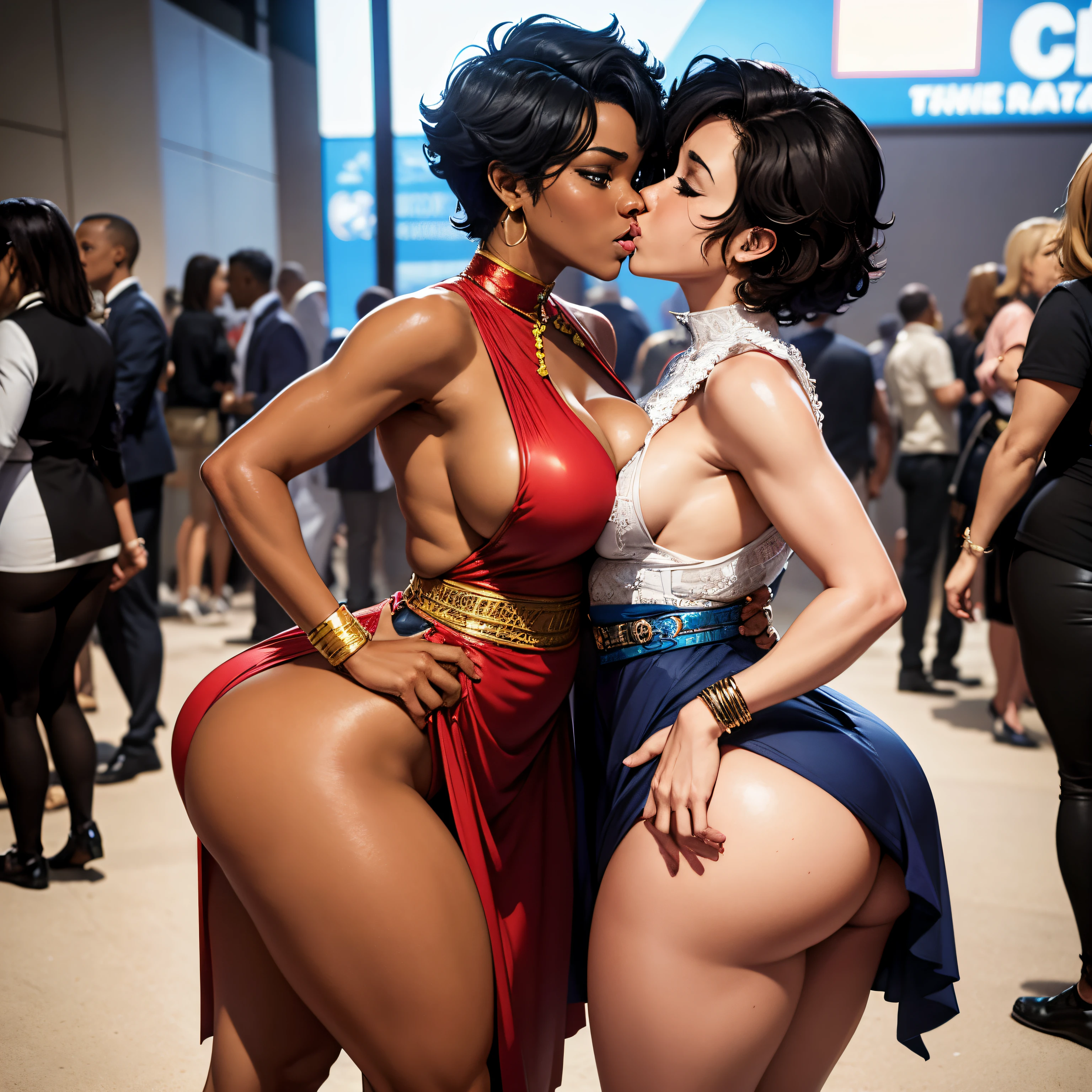 Three African American women, in love, kissing, sexy, comic con background, detailed, photorealistic, full body, passion, affectionate, anime costume, cosplay, lesbian lover, big ass