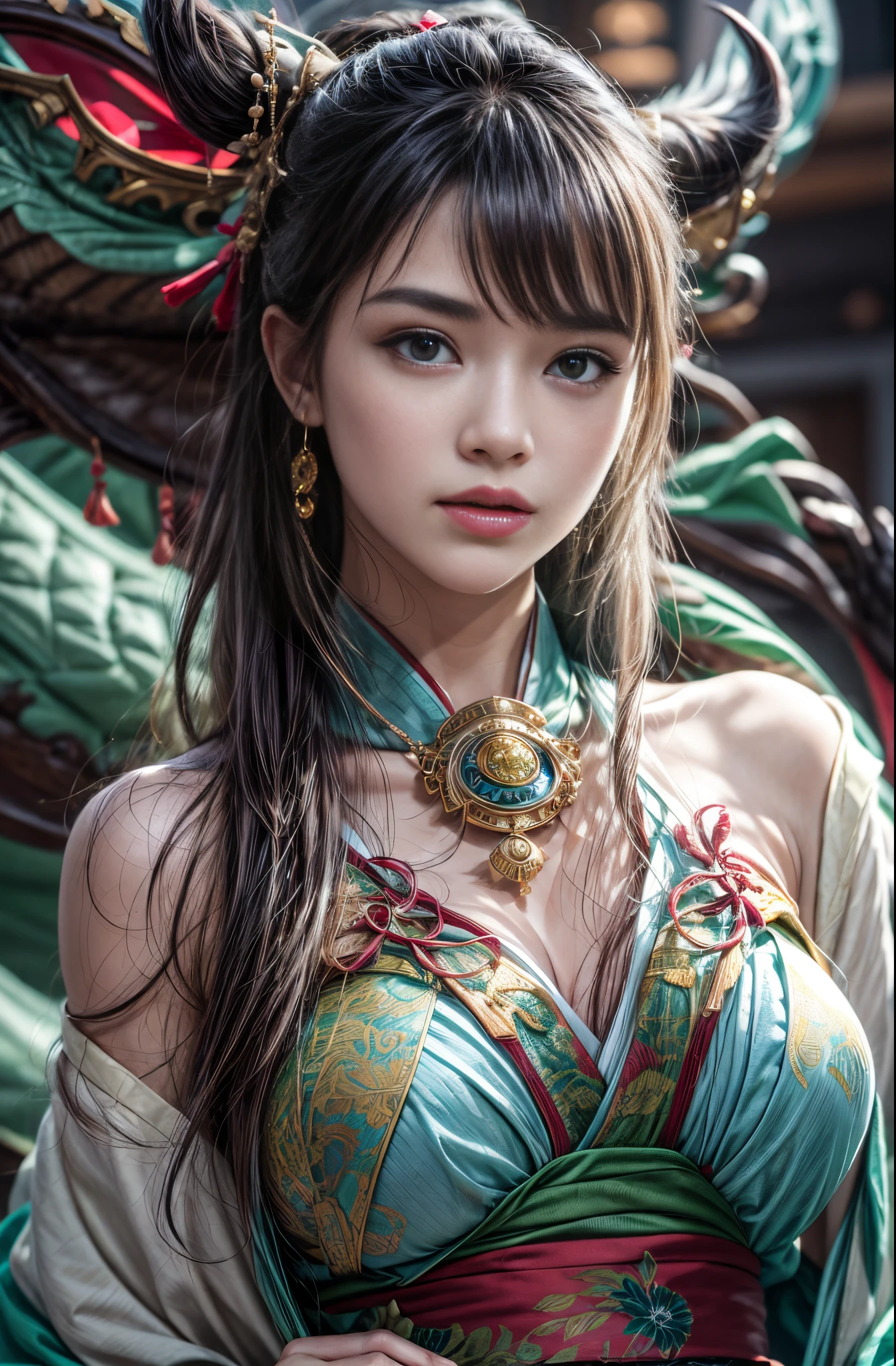 (Photoreal Stick:1.4, masutepiece:1..3, 8K), top-quality, masterpiece, 超A high resolution, Perfect dynamic composition, Professional camera work, Grow Light Effect, Mystical portrait, Cinematic Light, Highly detailed skin and facial texture:1.3, The ultra-detailliert, Detailed hands and fingers, A detailed eye, (riding a dragon), (myterious:1.3, Fanciful:1.2, tradition:1.2, majestueux:1.2), 1girl in, 25-years old, cute and sexy slim goddess, Fair skin, (Calm:0.9, Totally captivates you:1.0), (japanese miko costume:1.3, off shoulders), (voluptuous breasts:0.9), (Backshots), (A beautiful Blue eyes, Eyes that feel beautiful eros:0.85), Sexy face:0.4, (A mouthfeel that feels beautiful eros:0.85), ((Too cute beauty:0.9)), Fantastic background, Eliminate unnecessary hands