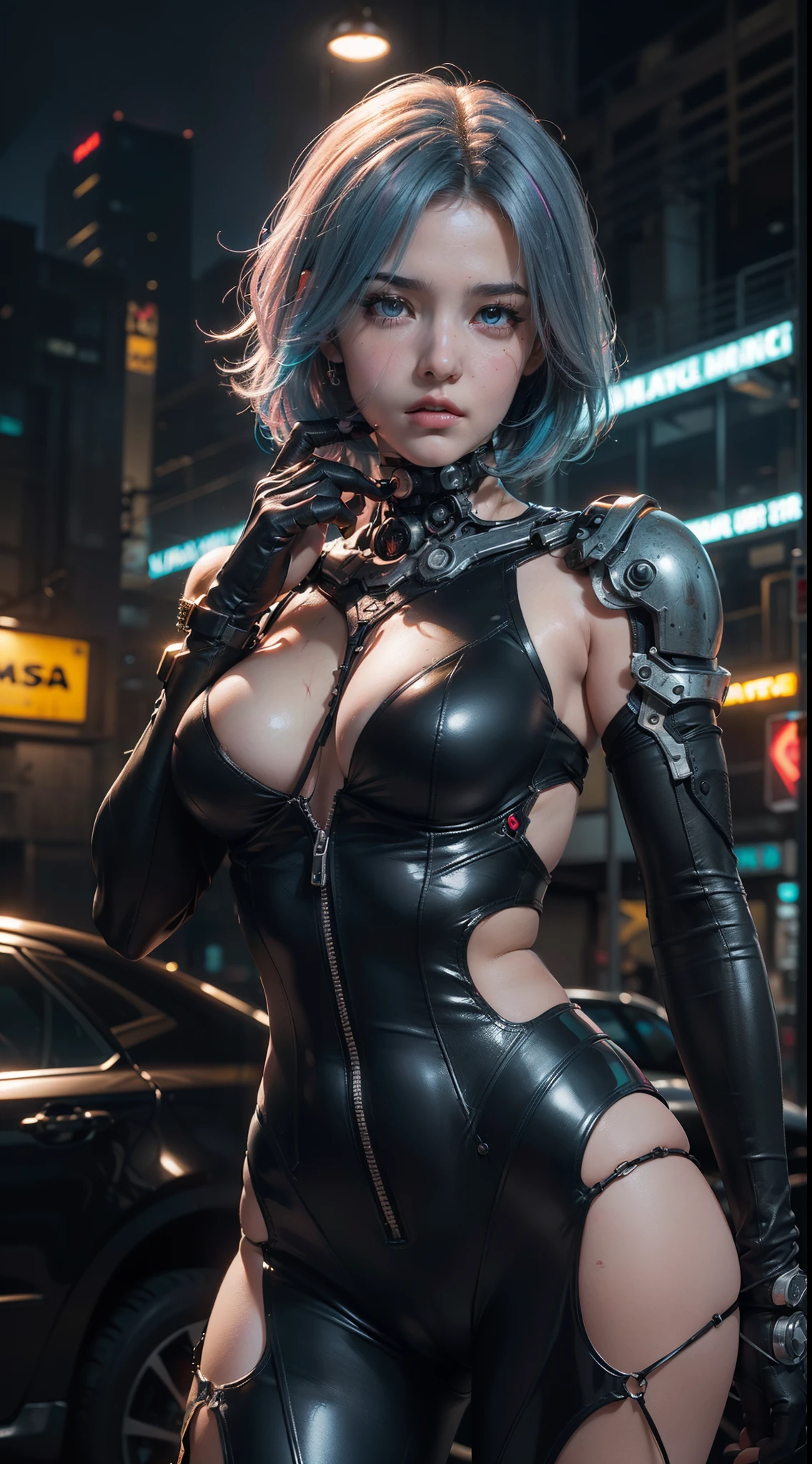 (Beautiful cyber girl)), ((Mechanical blood vessels connected to mechanical tubular vertebrae.), ((mechanical cervical attachment to the neck)), (alambres y cables que se fijan al cuello:1.2), ((masa de alambres y cables en la cabeza)), (Enfoque del personaje), (((dynamic pose))), (Obra maestra), (((La mejor calidad))), ((Ultra detallado)), (Highly detailed photorealistic CG illustration), cinematic lighting, Science-Fiction, extremadamente detallado,De color,Highest detail, Antecedentes de la ciudad cyberpunk.ojos plateados , Neon lights ,coloured hair