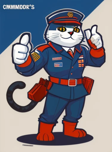 Wearing commander's clothes,Cat wearing commander hat giving thumbs up, Mascot illustration,anthropomorphic cat, macho pose, com mascot,full body mascot,comic character design, high quality character design