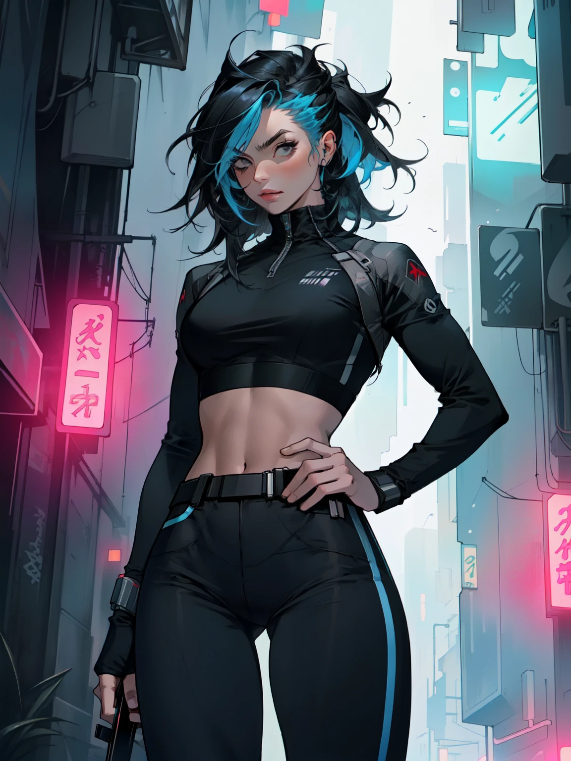 Masterpiece, best quality, high-res, extremely detailed, 1 girl 18 years old lookig very arrogant, in shape, fitness, (she is the villain, she is the final bose (female focus:1.3), woman, fitness, muscular, (very thin hips:1.1), (very wide waist:1.1), blade runner outfit, cyberpunk outfit, colorfull hair