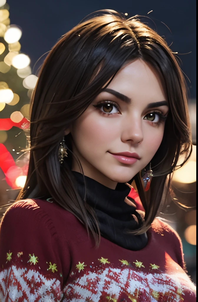 (best quality, masterpiece, perfect face, beautiful and aesthetic:1.2, colorful, dynamic angle, highest detailed face) cowboy shot, anime:1.2, solo,
1girl ((Victoria Justice)) wearing a sexy christmas sweater in a snowy night in the city, christmas decoration,