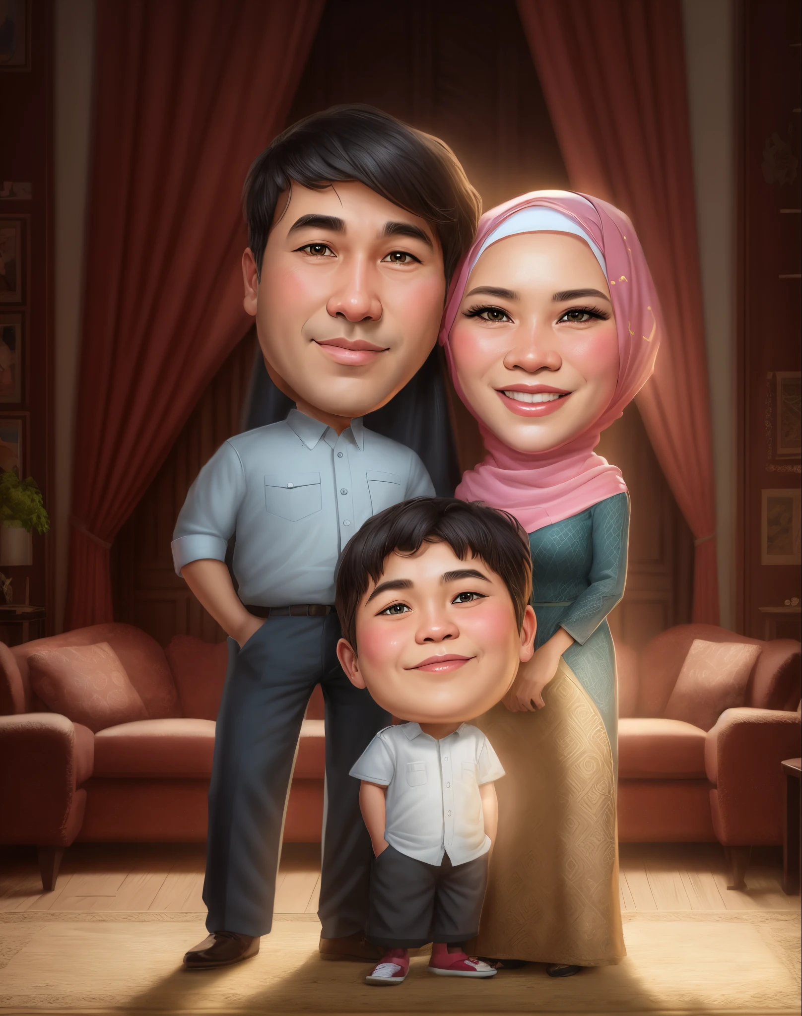 cartoon of a family portrait with Father mother and son, an indonesian muslim family portrait, Mother wears the hijab, caricature style, in cartoon style, husband wife and son, Indonesian muslim family, happy family, caricature illustration, realistic cartoon, caricature, family portrait, family, potrait, portrait of family of three, full protrait, digital art cartoon, classic portrait, cartoon portrait, detail, 8k