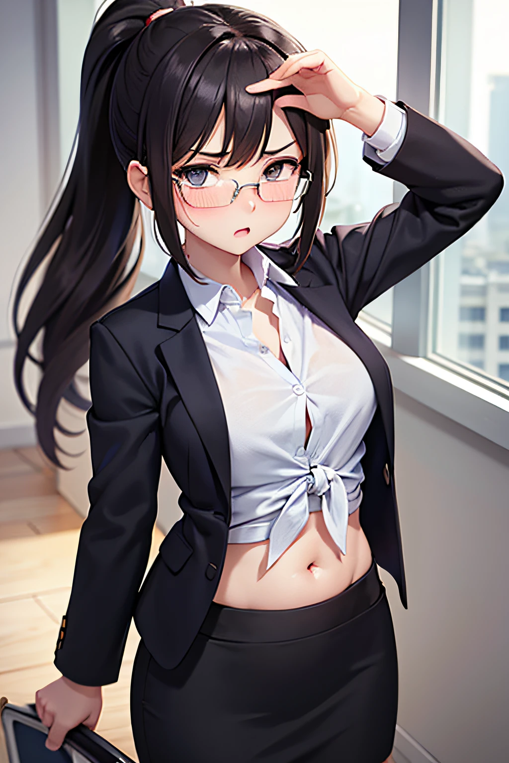 ponytail,1 girl, solo, tummy, tied shirt, collared shirt, pencil skirt, blush, annoyed, belly button, midriff, navel, business jacket, glasses, office