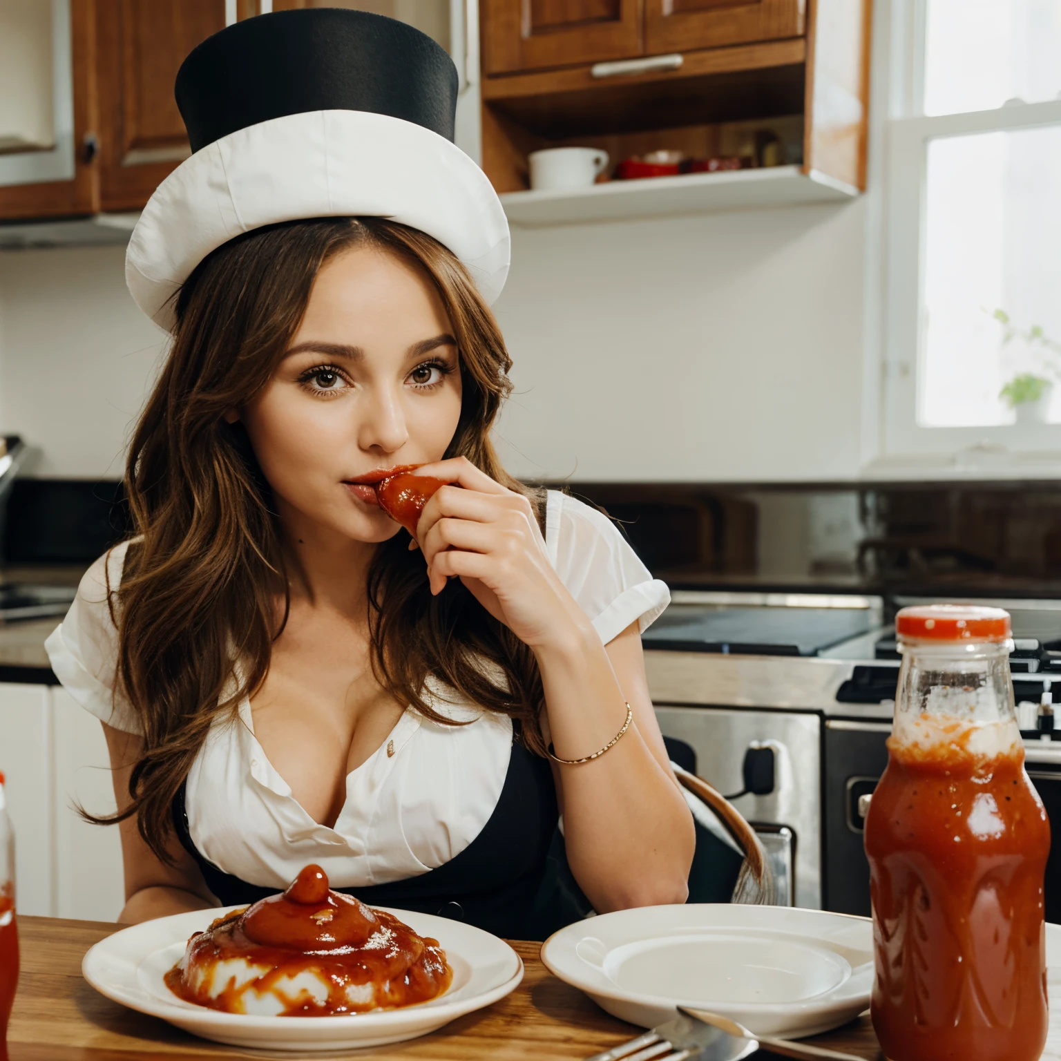 Giada in a top hat eating ketchup