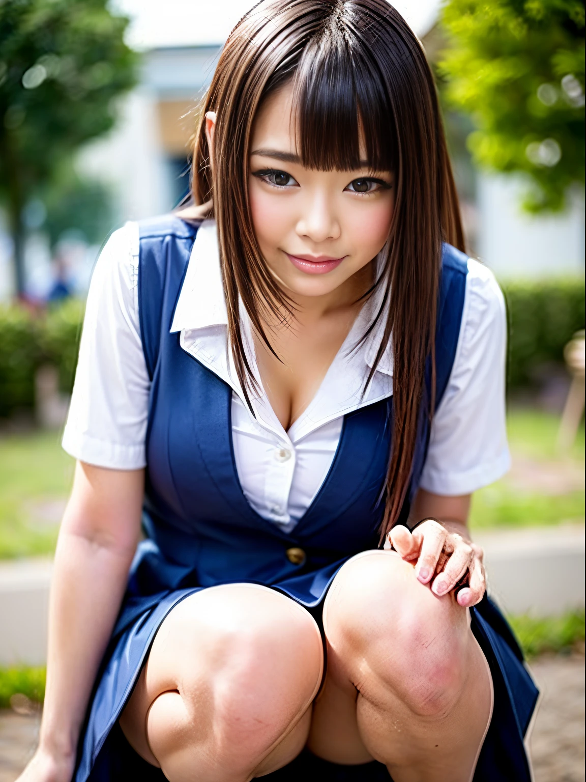 (Look away)、Put your hands on your knees、((White panties are visible))、(Squatting panty shots)、二重まぶた、Perfect fingers、perfectly proportions、Colossal tits、Lashes、heels on the ground、beatiful detailed eyes、ultra-detailliert、hight resolution、Transcendent beauty、top-quality、​masterpiece、((Japanese girls' high school uniform))、Very detailed expression、school classrooms、Highly detailed appearance、a 18 year old girl、front facing、(((dynamicposes)))、((Sitting on legs with bent knees))、Sexy upper eyes、low angles、(((White panties are visible)))、Fluid from the vaginal opening