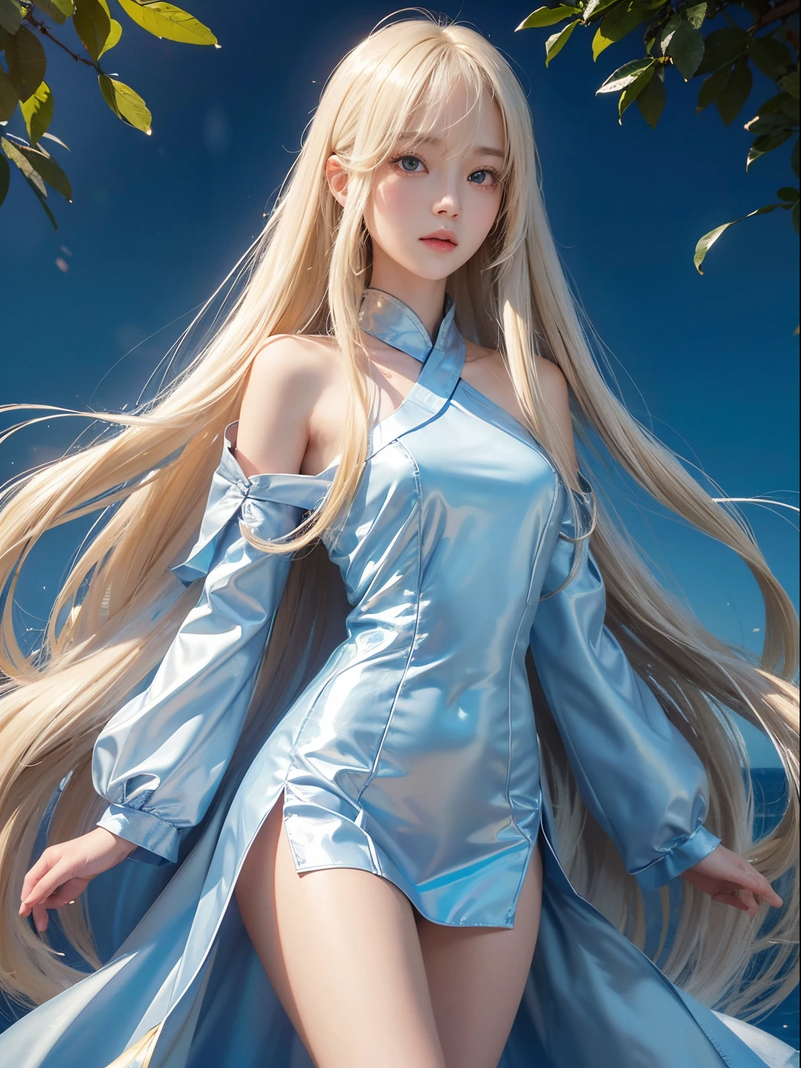 solo girl, 校服, blue-sky, bright and beautiful face, Skin is young, shiny, fair and shiny, best appearance, Golden hair reflects the dazzling light, Beautiful platinum blonde extra long silky straight hair with shiny shine, with long bangs, very beautiful 17 years old, Big eyes shining with transparent light blue light, beautiful wonderful beautiful girl