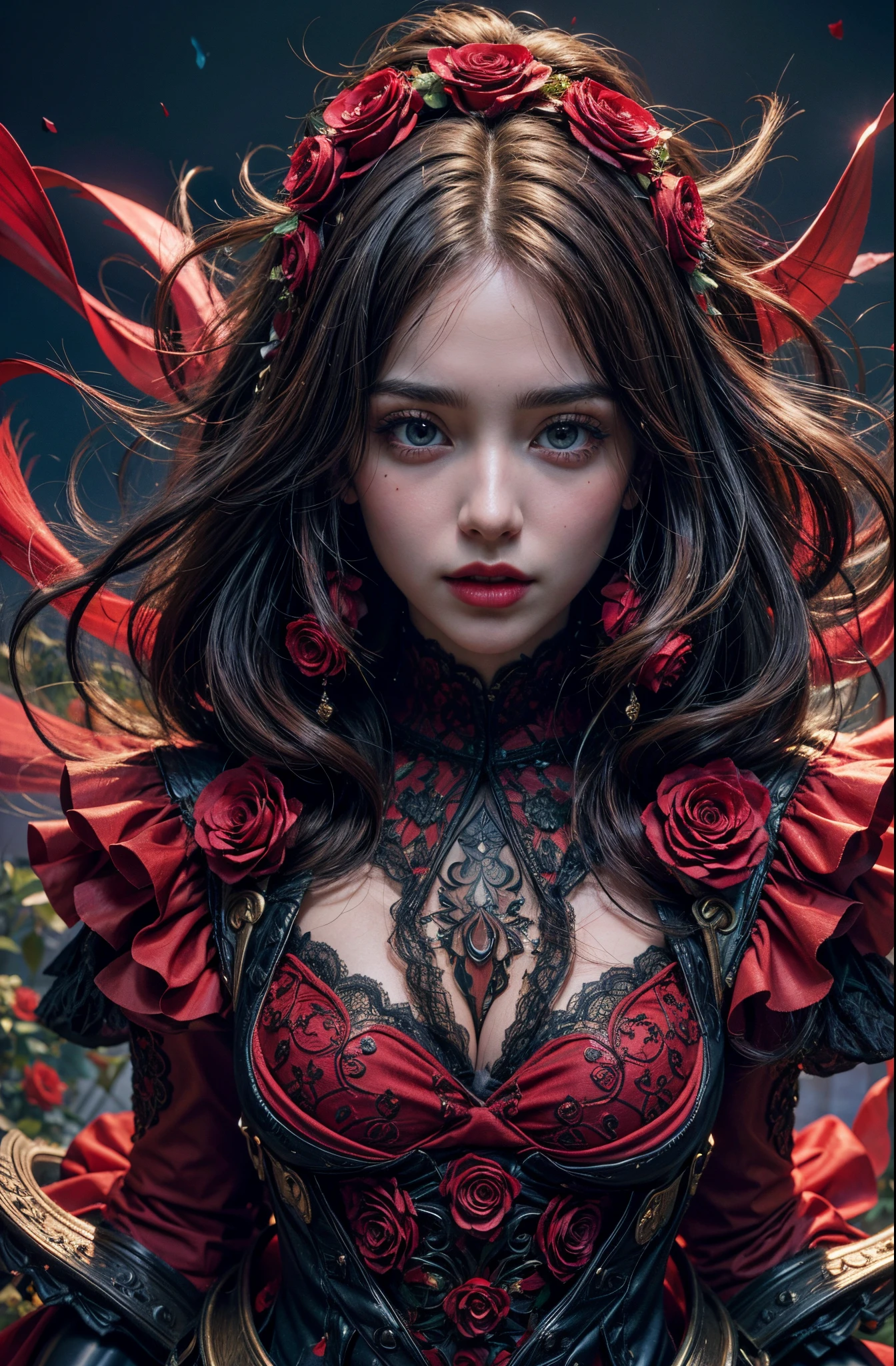 Close-up of a beautiful girl wearing a red dress and roses, Roses adorn the hair, epic fantasy, Brown hair, blue eyes, gothic fantasy, captured on canon eos r 6, (Realistic face details), intricate detailed, Portrait of a beautiful girl, very high details, Realistic photos, 8k, UHD, hyperdetailed, (Dynamic Poses:1.4),