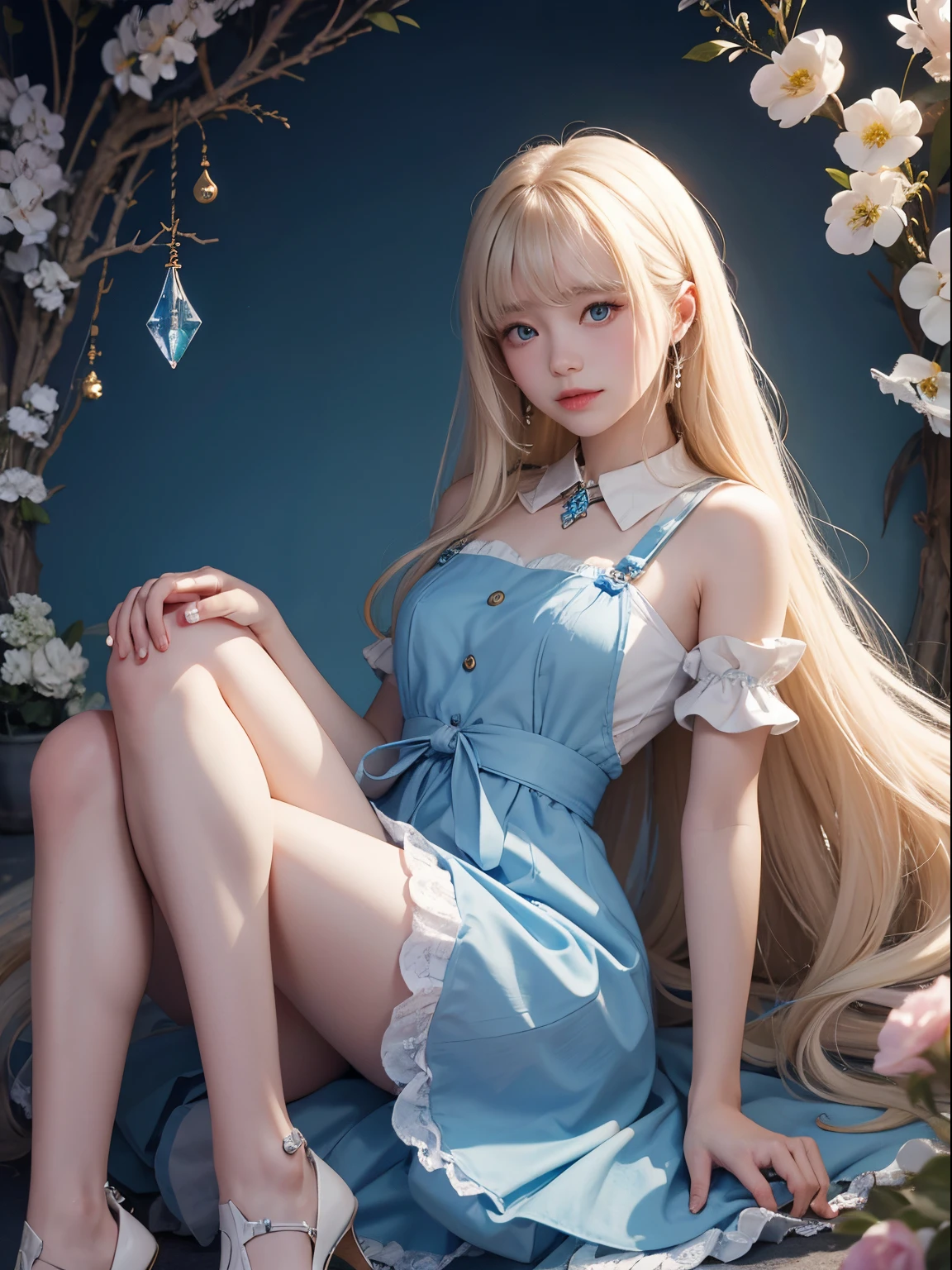 quality、超高分辨率、photore、A photo of a cute girl、Closely loved and beautiful legs、(Pure love face_v1:0.008)、beautiful bangs、alice in the wonderland、14yearair and shiny skin、By bangs、Platinum blonde super long straight hair、finer hair、Charming and beautiful crystal clear blue eyes、White apron、a blue dress、No makeup