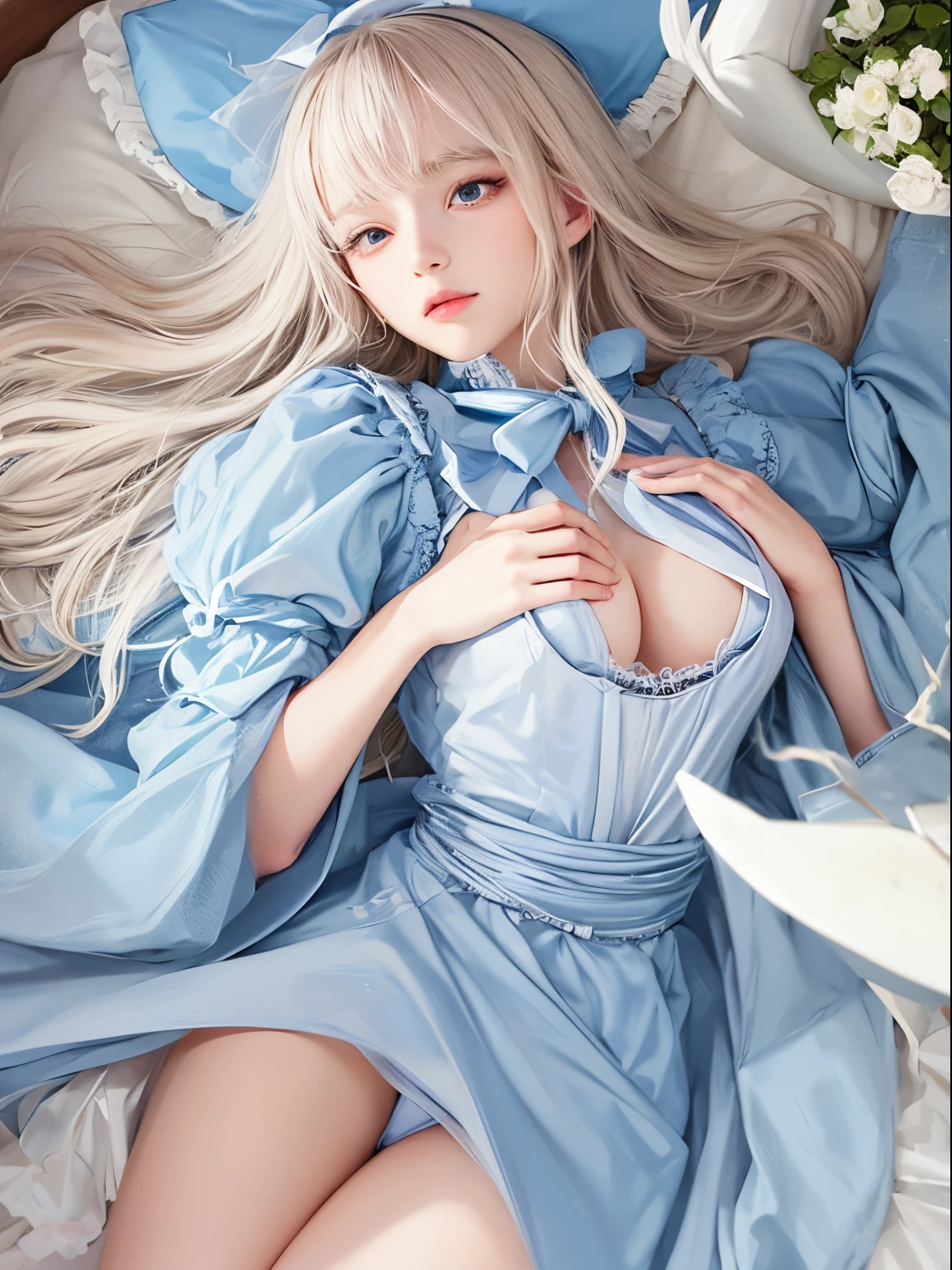 bright expression、Photorealistic、quality、超高分辨率、photore、A picture of a beautiful Scandinavian girl、Extraordinary beautiful girl、Closely loved and beautiful legs、(Pure love face_v1:0.008)、beautiful bangs、alice in the wonderland、、Fair and shiny skin、Facial hair grate that extends to the face、bangs between eyetra-long hair、Charming Bright Natural Platinum Blonde Extra Long Straight Silky Hair、finer hair、High definition eye-catching, Bright and clear, The big light blue eyes sparkle with charming light、White apron、a blue dress、eyeline、二重まぶた、plump bust、go to sleep、lay on back、spread、Side、Lie on your back
