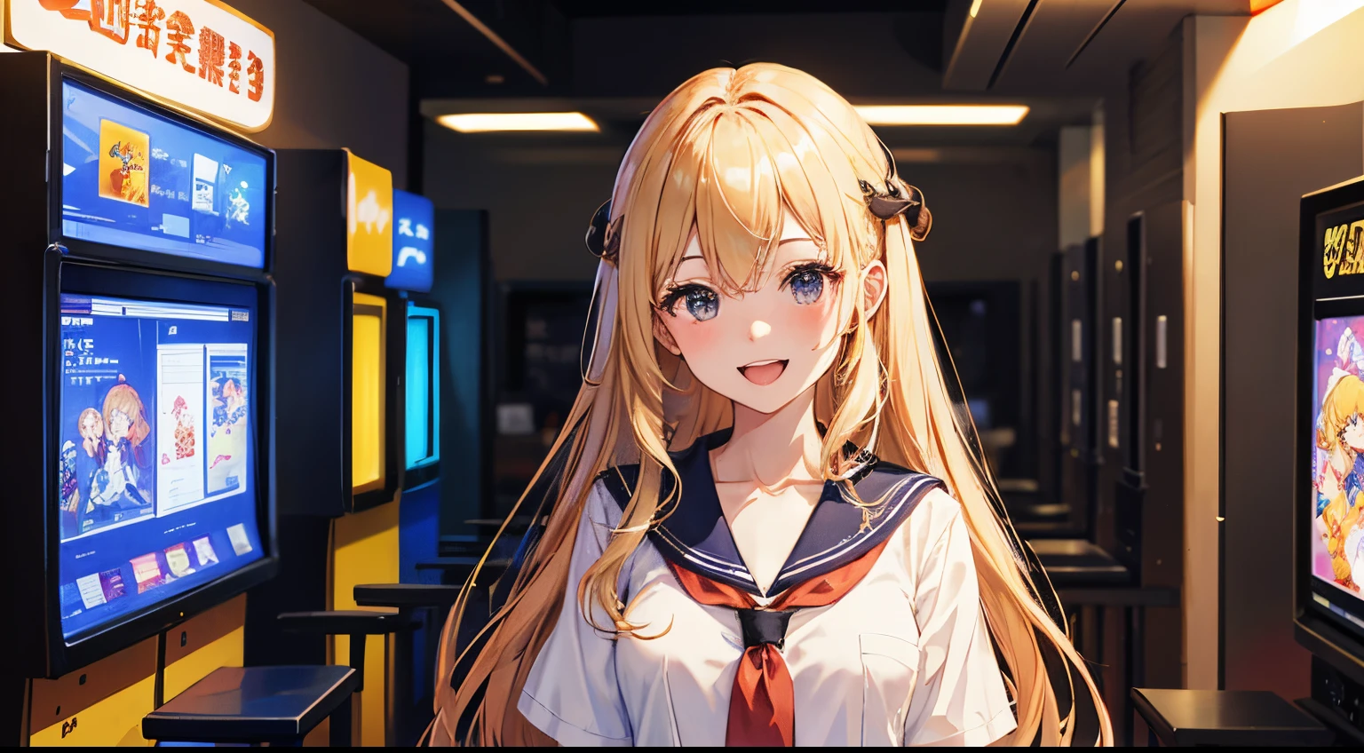 Arcade Game Center,masterpiece,Top image quality,hight resolution,Mabayashi Kitagawa,,Beautiful fece,blonde hair,long hair down to the back,summer sailor uniform,jewely,耳环,red tie、girl with、black eyes、Tsurime girl,Very smiling and open mouth、Narrowed eyes、face close-up
