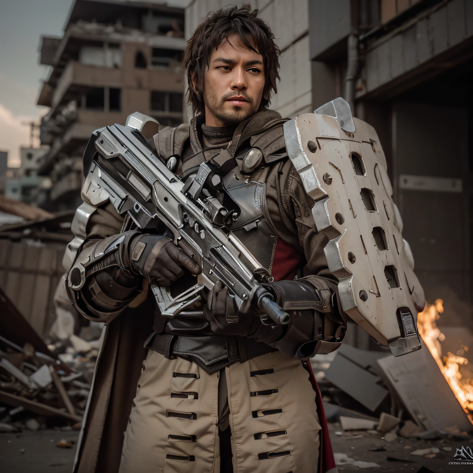 guerrero masculino, Cara japonesa, Pelo negro corto, Modern Japanese style cyborg samurai style heavy metal armor, color blanco con detalles en rojo, debajo de la armadura lleva un uniforme militar beige., capa negra, holds an ultra-modern laser rifle, he is in a completely destroyed modern asian city, mucho fuego, Explosiones, humo, 4k, Imagen ultra detallada, realista, Altamente detallado, perfect composition, splendid, Intrincadamente detallado, Incredibly detailed, 8 k artistic photography, hiper detallado, Obra maestra, Ultra detallado, hiperrealista, 4k, Imagen ultra detallada, realista, Altamente detallado, perfect composition, splendid, Intrincadamente detallado, Incredibly detailed, 8K fine art photography, hiper detallado, Obra maestra