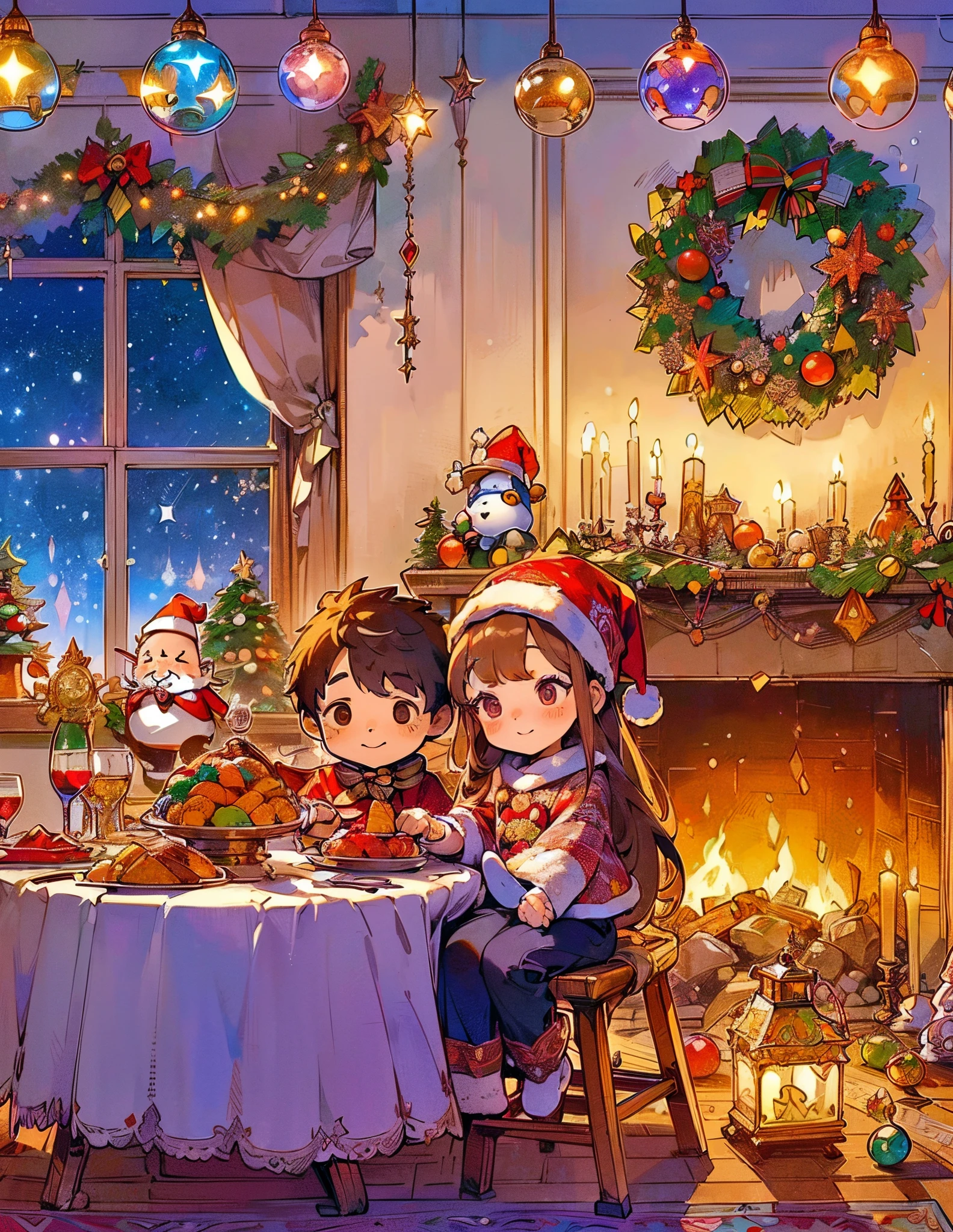 (Best quality, 8K, A high resolution, tmasterpiece:1.2), ultra - detailed, (actual, realistically:1.37), Vibrant colors, Magical atmosphere, Whimsical, ((sky full of stars，The North Star shines))，(((Use an illustration style))), The room is decorated with a strong Christmas atmosphere. A string of shining colored lights hangs on the wall, Christmas wreath and little snowman on the windowsill, In the corner of the room stands a beautifully decorated Christmas tree. On a table, There are beautiful cutlery and red plates. In the center of the table, Have a sumptuous Christmas feast, Next to it is a bottle of red wine and two exquisite wine glasses. ((A boy wearing a cute Santa hat, A girl wearing a cute Santa Claus costume, They snuggle together)), Smiling and looking at each other，Eyes full of happiness and warmth. There are several scented candles lit in the room, It exudes a faint fragrance. Warm fire burning in the fireplace, Brings warmth and comfort to the entire room, Surreal, Psychedelic, Complicated details, Beautiful texture, Ethereal, like a dream, Soft glowing light, Charming Patterns, Fantasy creatures, Hidden surprises, dreamlike landscapes, Surreal color palette, Mystic aura, hyper realisitc, Enchanting journey, psychedelic trip, vivid imagination, immersive experience, Mysterious Christmas, otherworldly charm, glowing paths, Light up a magical Christmas, surreal sky, Whimsical themed festivals, a magical encounter, Fascinating artwork，(Ghibli-style colors, first person perspective, hyper HD, tmasterpiece, acurate, Anatomically correct, ctextured skin, super detailing, high detal, high qulity, Award-Awarded, Best quality at best, 8K)