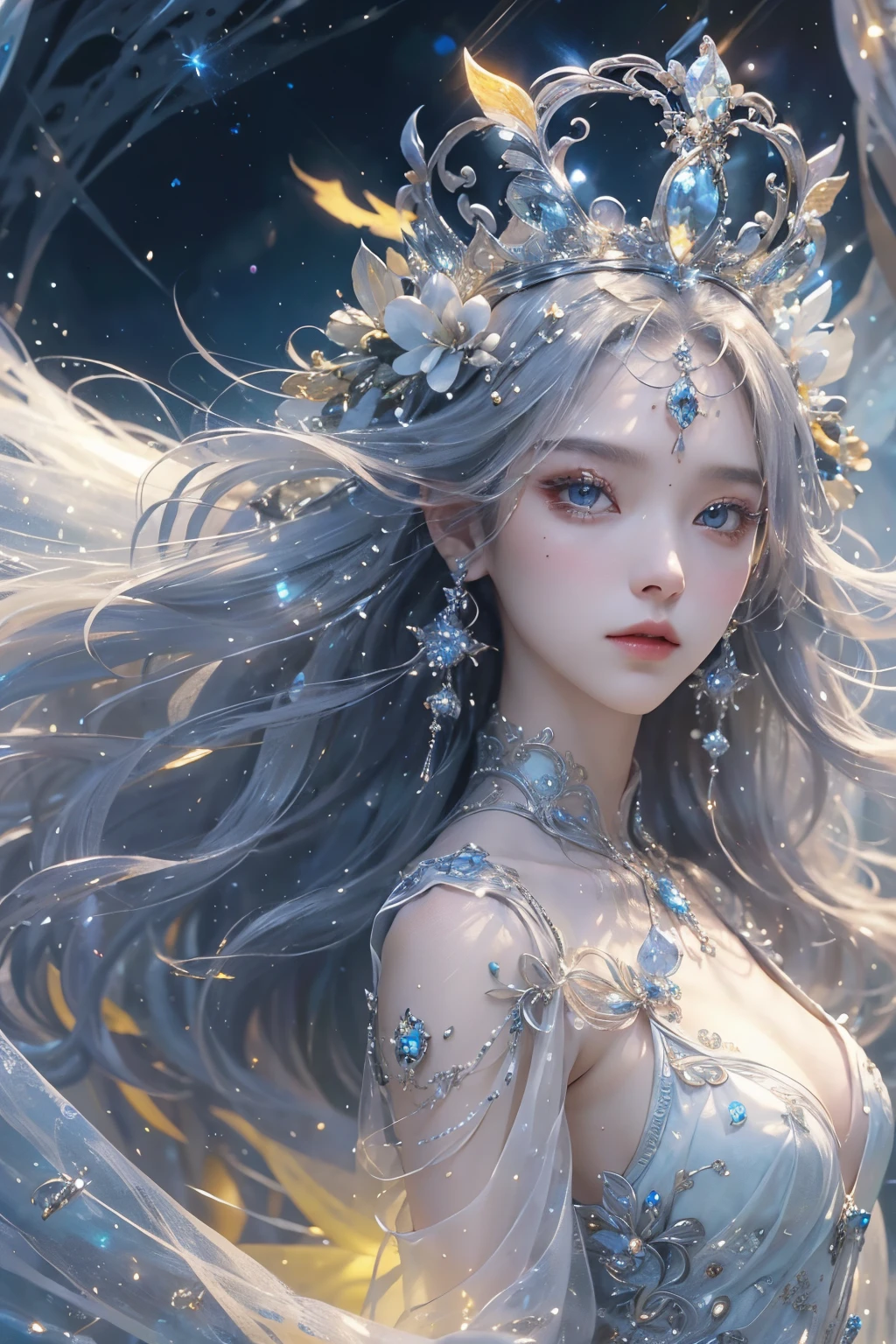 "(tmasterpiece: 1.3), 8K Ultra HD resolution, Ethereal and beautiful moon goddess, smooth private parts, Captivating action (yellow-eyed, The is very detailed, Bio-luminescence):1.7 , Blue bioluminescence: 1.7. (flight, Flotation): 1.5. (floating clouds around, nigh sky), Mild, Personable, Elegant and pure temperament. Silky hair (exquisite silk dress, Exquisite silver case, The is very detailed), (A delicate crown, The is very detailed), Moonlight creates a halo.