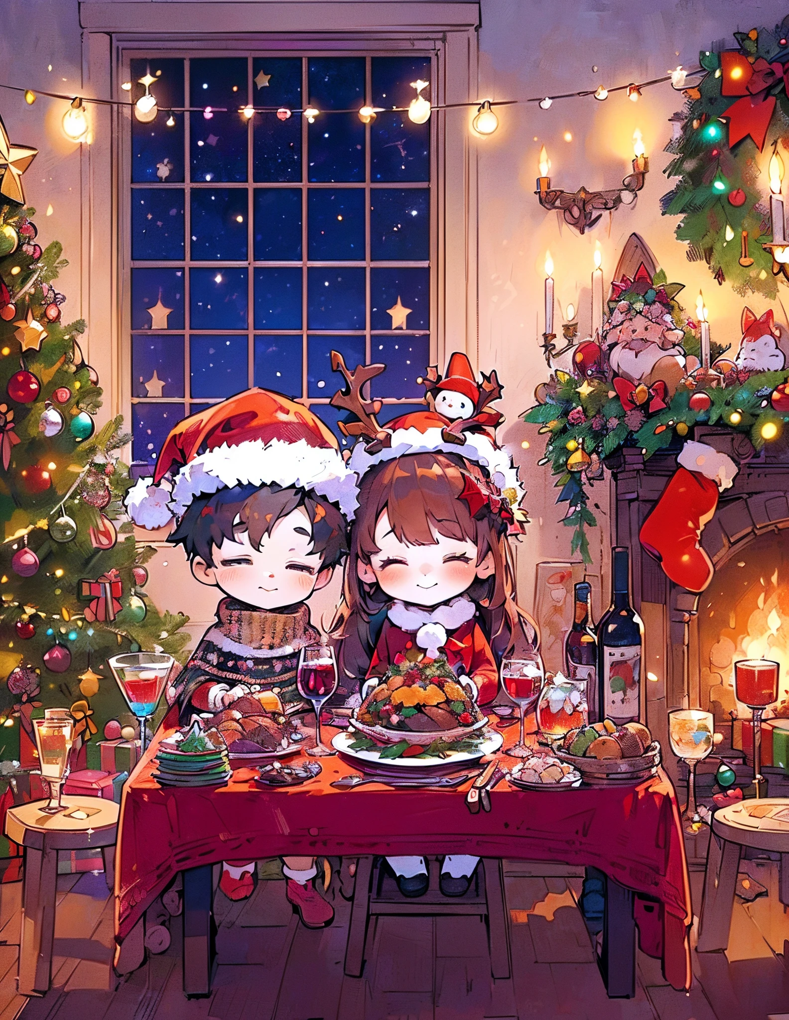 (Best quality, 8K, A high resolution, tmasterpiece:1.2), ultra - detailed, (actual, realistically:1.37), Vibrant colors, Magical atmosphere, Whimsical, ((sky full of stars，The North Star shines))，(((Use an illustration style), The room is decorated with a strong Christmas atmosphere. A string of shining colored lights hangs on the wall, Christmas wreath and little snowman on the windowsill, In the corner of the room stands a beautifully decorated Christmas tree. On a table, There are beautiful cutlery and red plates. In the center of the table, Have a sumptuous Christmas feast, Next to it is a bottle of red wine and two exquisite wine glasses. ((A boy wearing a cute Santa hat, A girl wearing a cute Santa Claus costume, They snuggle together)), Smiling and looking at each other，Eyes full of happiness and warmth. There are several scented candles lit in the room, It exudes a faint fragrance. Warm fire burning in the fireplace, Brings warmth and comfort to the entire room, Surreal, Psychedelic, Complicated details, Beautiful texture, Ethereal, like a dream, Soft glowing light, Charming Patterns, Fantasy creatures, Hidden surprises, dreamlike landscapes, Surreal color palette, Mystic aura, hyper realisitc, Enchanting journey, psychedelic trip, vivid imagination, immersive experience, Mysterious Christmas, otherworldly charm, glowing paths, Light up a magical Christmas, surreal sky, Whimsical themed festivals, a magical encounter, Fascinating artwork，(Ghibli-style colors, first person perspective, hyper HD, tmasterpiece, acurate, Anatomically correct, ctextured skin, super detailing, high detal, high qulity, Award-Awarded, Best quality at best, 8K)