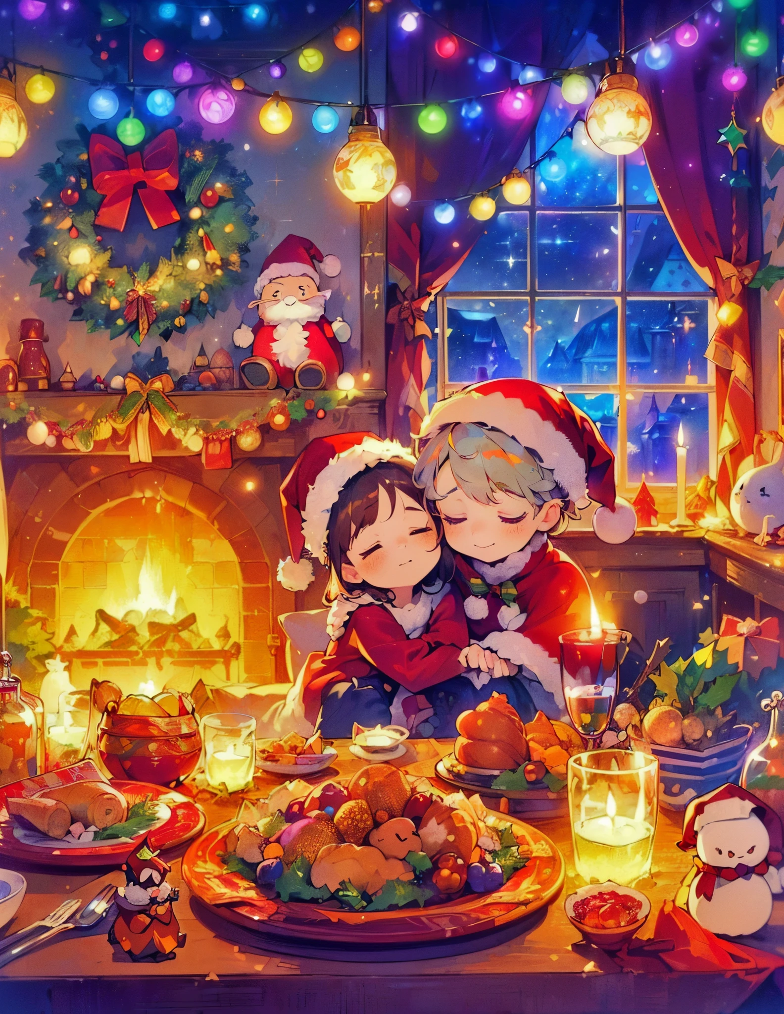 (Best quality, 8K, A high resolution, tmasterpiece:1.2), ultra - detailed, (actual, realistically:1.37), Vibrant colors, Magical atmosphere, Whimsical, ((sky full of stars，The North Star shines))，(((Use an illustration style), The room is decorated with a strong Christmas atmosphere. A string of shining colored lights hangs on the wall, Christmas wreath and little snowman on the windowsill, In the corner of the room stands a beautifully decorated Christmas tree. On a table, There are beautiful cutlery and red plates. In the center of the table, Have a sumptuous Christmas feast, Next to it is a bottle of red wine and two exquisite wine glasses. ((A boy wearing a cute Santa hat, A girl wearing a cute Santa Claus costume, They snuggle together)), Smiling and looking at each other，Eyes full of happiness and warmth. There are several scented candles lit in the room, It exudes a faint fragrance. Warm fire burning in the fireplace, Brings warmth and comfort to the entire room, Surreal, Psychedelic, Complicated details, Beautiful texture, Ethereal, like a dream, Soft glowing light, Charming Patterns, Fantasy creatures, Hidden surprises, dreamlike landscapes, Surreal color palette, Mystic aura, hyper realisitc, Enchanting journey, psychedelic trip, vivid imagination, immersive experience, Mysterious Christmas, otherworldly charm, glowing paths, Light up a magical Christmas, surreal sky, Whimsical themed festivals, a magical encounter, Fascinating artwork，(Ghibli-style colors, first person perspective, hyper HD, tmasterpiece, acurate, Anatomically correct, ctextured skin, super detailing, high detal, high qulity, Award-Awarded, Best quality at best, 8K)