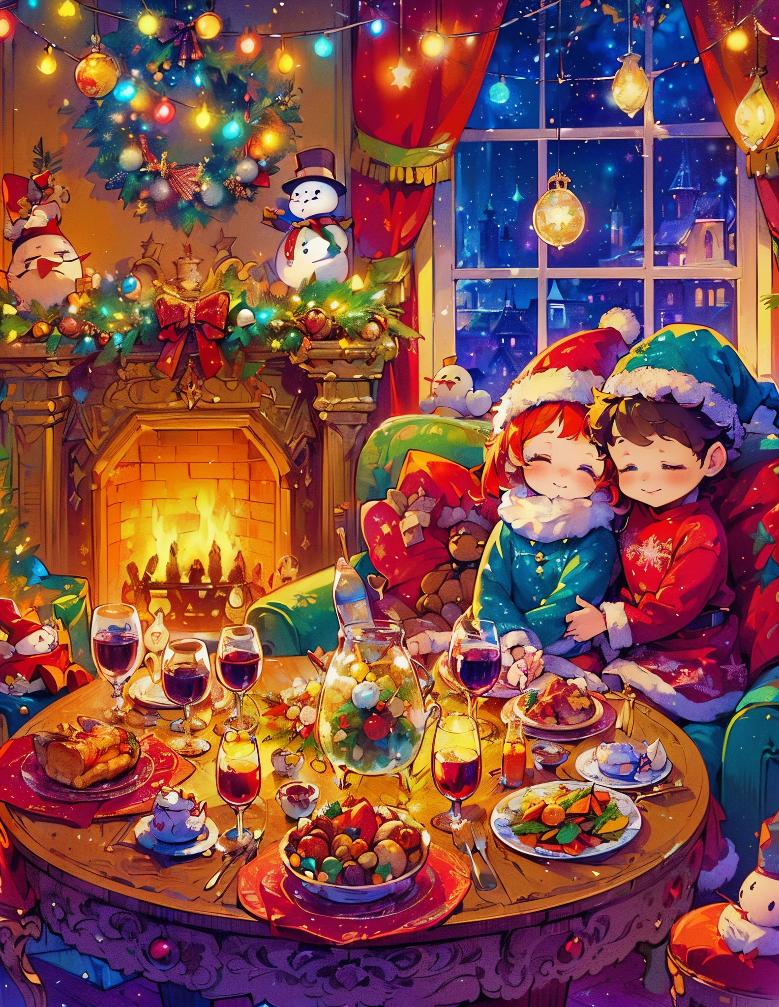 (Best quality, 8K, A high resolution, tmasterpiece:1.2), ultra - detailed, (actual, realistically:1.37), Vibrant colors, Magical atmosphere, Whimsical, ((sky full of stars，The North Star shines))，(((Use an illustration style), The room is decorated with a strong Christmas atmosphere. A string of shining colored lights hangs on the wall, Christmas wreath and little snowman on the windowsill, In the corner of the room stands a beautifully decorated Christmas tree. On a table, There are beautiful cutlery and red plates. In the center of the table, Have a sumptuous Christmas feast, Next to it is a bottle of red wine and two exquisite wine glasses. ((A boy wearing a cute Santa hat, A girl wearing a cute Santa Claus costume, They snuggle together)), Smiling and looking at each other，Eyes full of happiness and warmth. There are several scented candles lit in the room, It exudes a faint fragrance. Warm fire burning in the fireplace, Brings warmth and comfort to the entire room, Surreal, Psychedelic, Complicated details, Beautiful texture, Ethereal, like a dream, Soft glowing light, Charming Patterns, Fantasy creatures, Hidden surprises, dreamlike landscapes, Surreal color palette, Mystic aura, hyper realisitc, Enchanting journey, psychedelic trip, vivid imagination, immersive experience, Mysterious Christmas, otherworldly charm, glowing paths, Light up a magical Christmas, surreal sky, Whimsical themed festivals, a magical encounter, Fascinating artwork，(Ghibli-style colors, first person perspective, hyper HD, tmasterpiece, acurate, Anatomically correct, ctextured skin, super detailing, high detal, high qulity, Award-Awarded, Best quality at best, 8K)