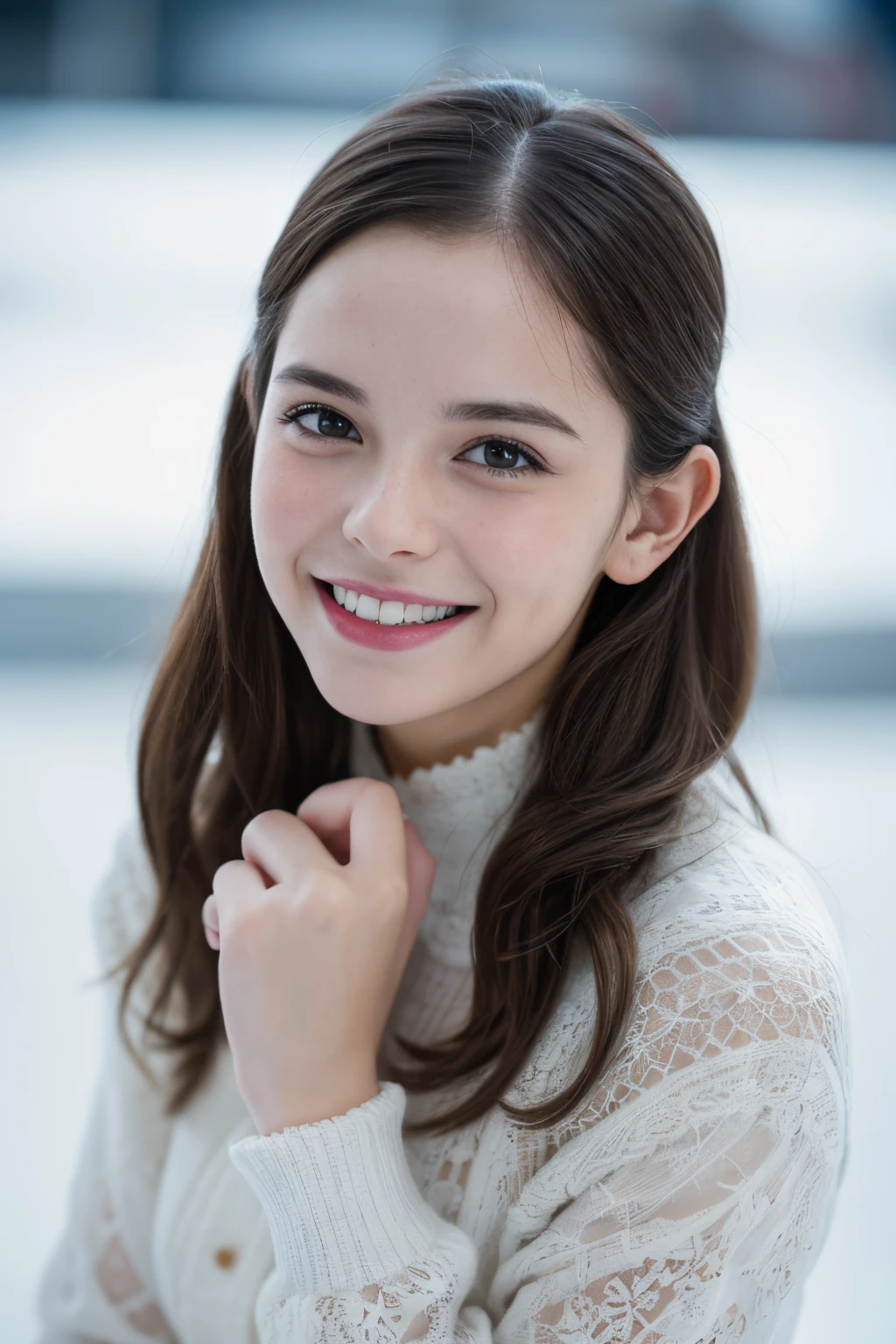 Masterpiece, Best quality, 8k, 18 ans, Photo brute, absurdes, Award-winning portrait, sourire, sourire, pure, french, winter, laces, figure skating, happy smile