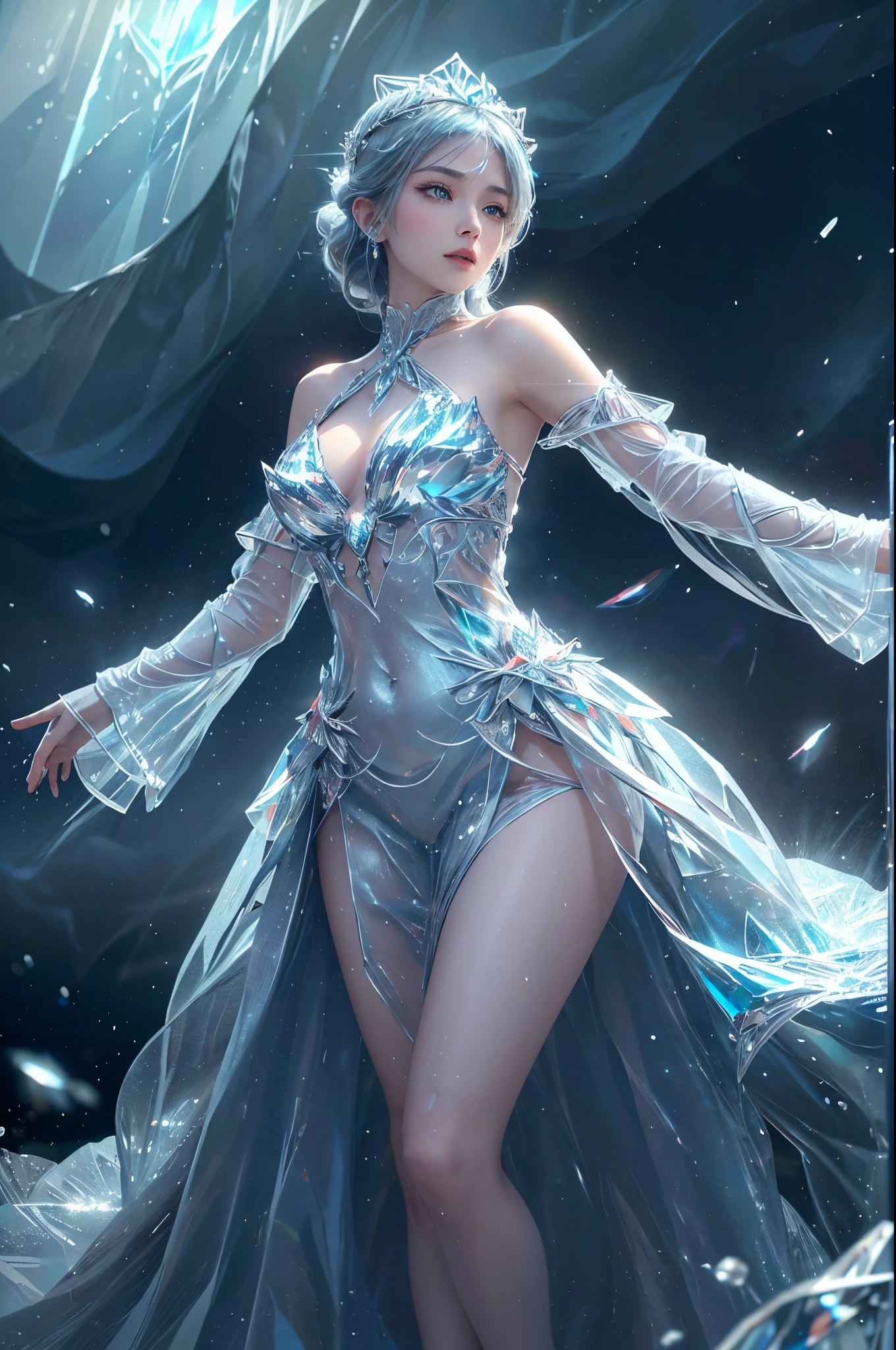 "tmasterpiece, Best quality at best, high detal, A high resolution, 1人, divine being, Divine magic, Goddess , Standing in the frozen wasteland, Her presence brings eternal winter. Her eyes, centerpiece, Shining with the brilliance of glacier water, A profound story reflecting the frozen country, (Sharp eyeliner, eye shadows, 詳細な目:1.1). Blue crystal dress, blue crystals, of shoulders, Reflect blue, lamp on crystal, Spread blue light. Around her, Swirling snowflakes and frost streaks dance under cinematic lighting, Project captivating reflections. Her attire, A fusion of delicate frost and intricate patterns, exuding coldness, But it has a mysterious beauty. The atmosphere is chilling, The vast fields are illuminated by the ethereal light of her halo. The entire image exudes a sense of frozen majesty and divine power. 16K resolution, Photorealistic style with cinematic lighting."