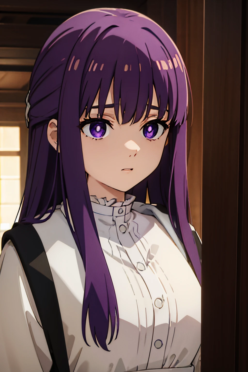 (masterpiece, best quality:1.2), close-up image of a person with long purple hair and white shirt, purple eyes, bulli, wearing [ [ 1st 2nd century, leaving the room, ultra detailed, best quality, expressive eyes, perfect face, ultra hight quality, ultra detail, hight quality, best quality