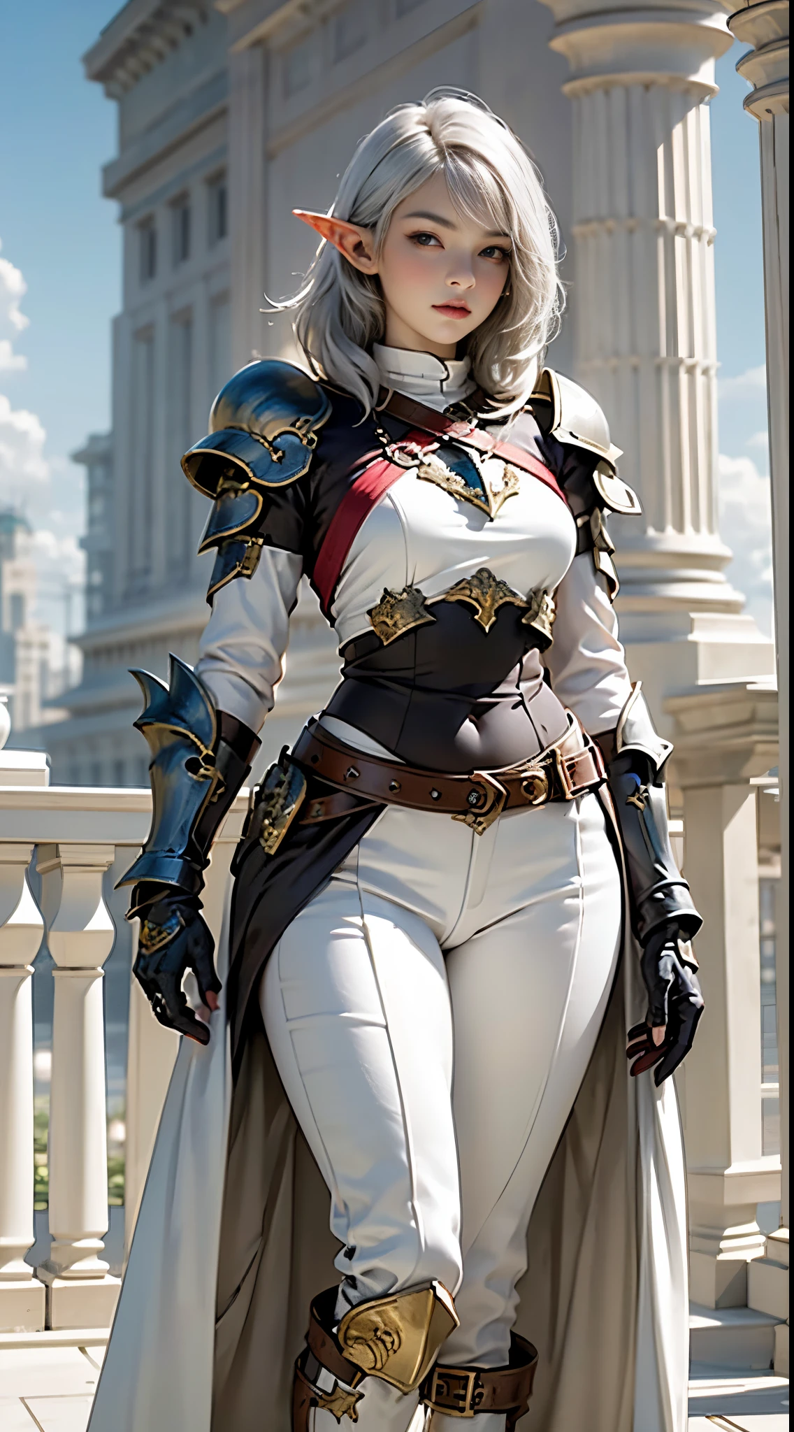 photorealistic, high resolution, (elf), 1 women, solo, hips up, look at viewer, (detailed face), Blunt Bangs, white hair, ((light + white knight armor)), long black glovelack pantyhoses， standing pose with white boots, angle wings