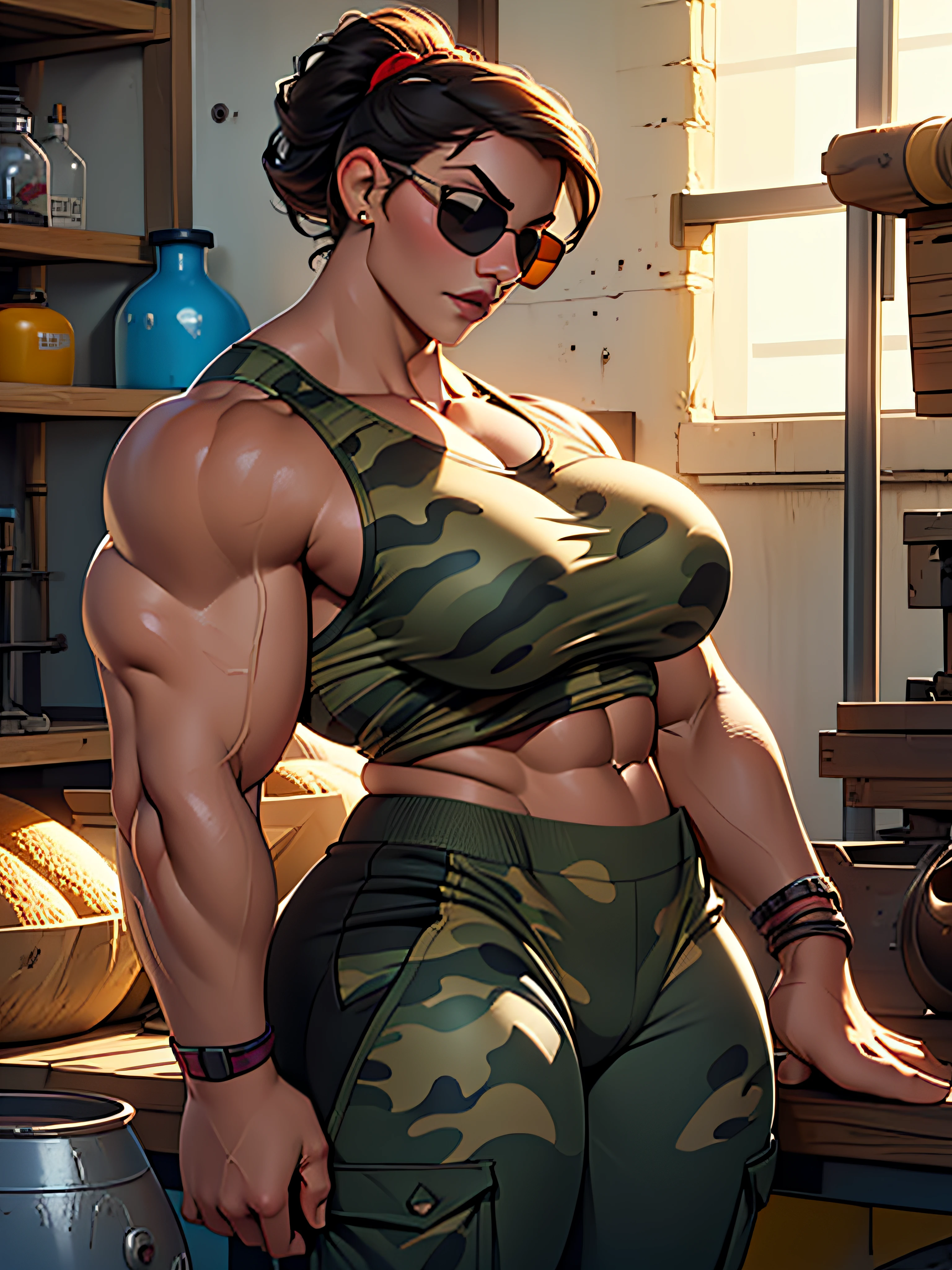 (((Luisa Madrigal from Disney's Enchanto))), ((wearing a black sunglasses)), perfect hands, smooth face, ((wide shoulder)), perfect legs, perfect skin, (((huge breasts))), ((Bodybuilder)), toned skin, ((wearing a tanktop)), inside a laboratory, (((wearing a camo pants))), perfect thighs, (((muscular woman))),