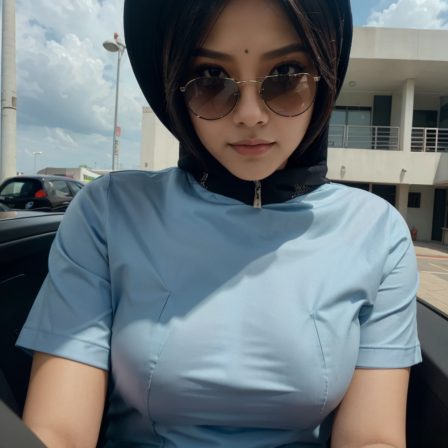 Seorang wanita cantik memakai tudung dan sunglass sedang memandu kereta mustang