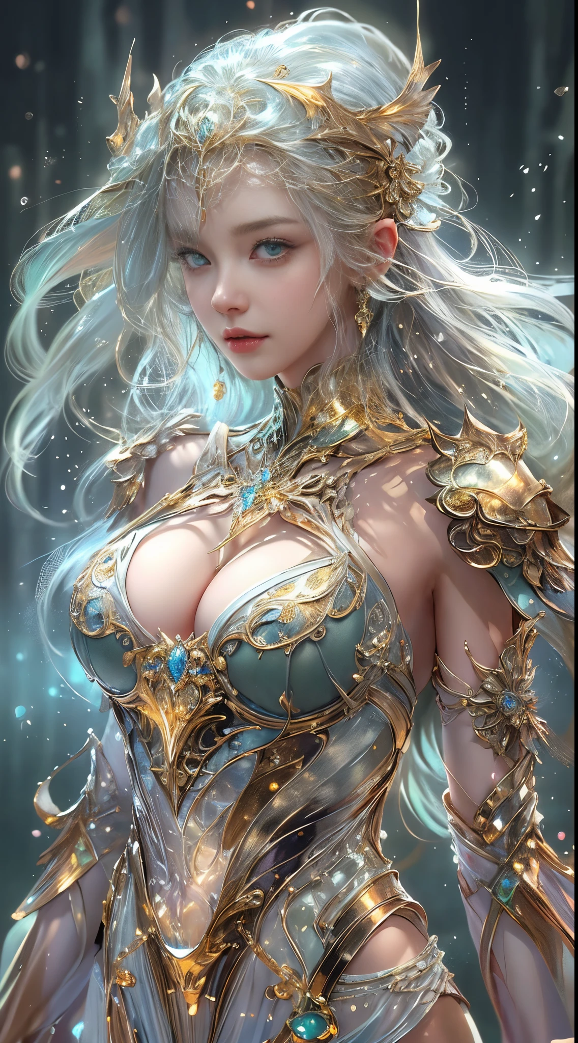 woman in a golden transparent dress,view the viewer,(((humongous large breast, Cleavage is large))),a slender waist,(nabel,Bare waist), long whitr hair, Ultra-detailed details,High-end art station, Rainstorm site, detailed fantasy art, Stunning character art, Beautiful and beautiful character art, Beautiful gold and silver armor, The is very detailed, Girl in shiny armor, Exquisite headwear and jewelry,crystal jewelry filigree, milky ways, stunning visuals, (dynamic streaks, Light track:1.2), vivd colour,