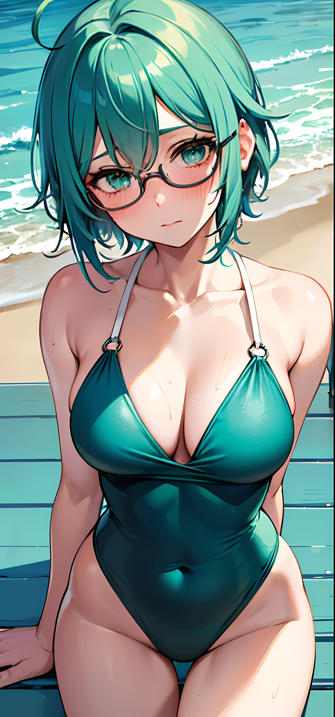 1girl, solo, {53 years old, milf, teal and green hair, messy hair, asymmetrical hair, ahoge, very short hair, aqua eyes, medium breasts, pale skin, glasses}, beach, swimsuit, wet, blush