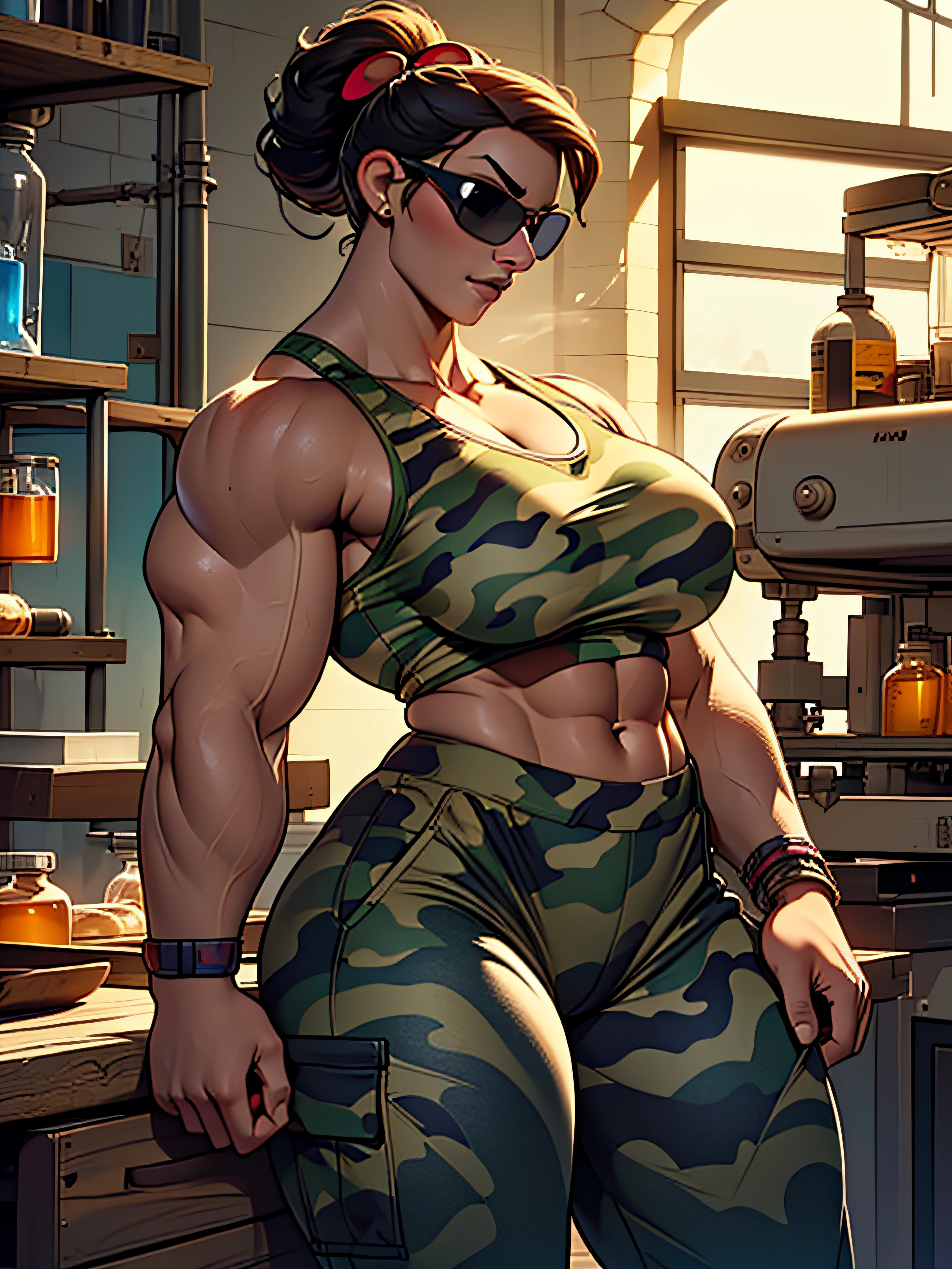 (((Luisa Madrigal from Disney's Enchanto))), ((wearing a black sunglasses)), perfect hands, smooth face, ((wide shoulder)), perfect legs, perfect skin, (((huge breasts))), ((Bodybuilder)), toned skin, ((wearing a tanktop)), inside a laboratory, (((wearing a camo pants))), perfect thighs, (((muscular woman))),