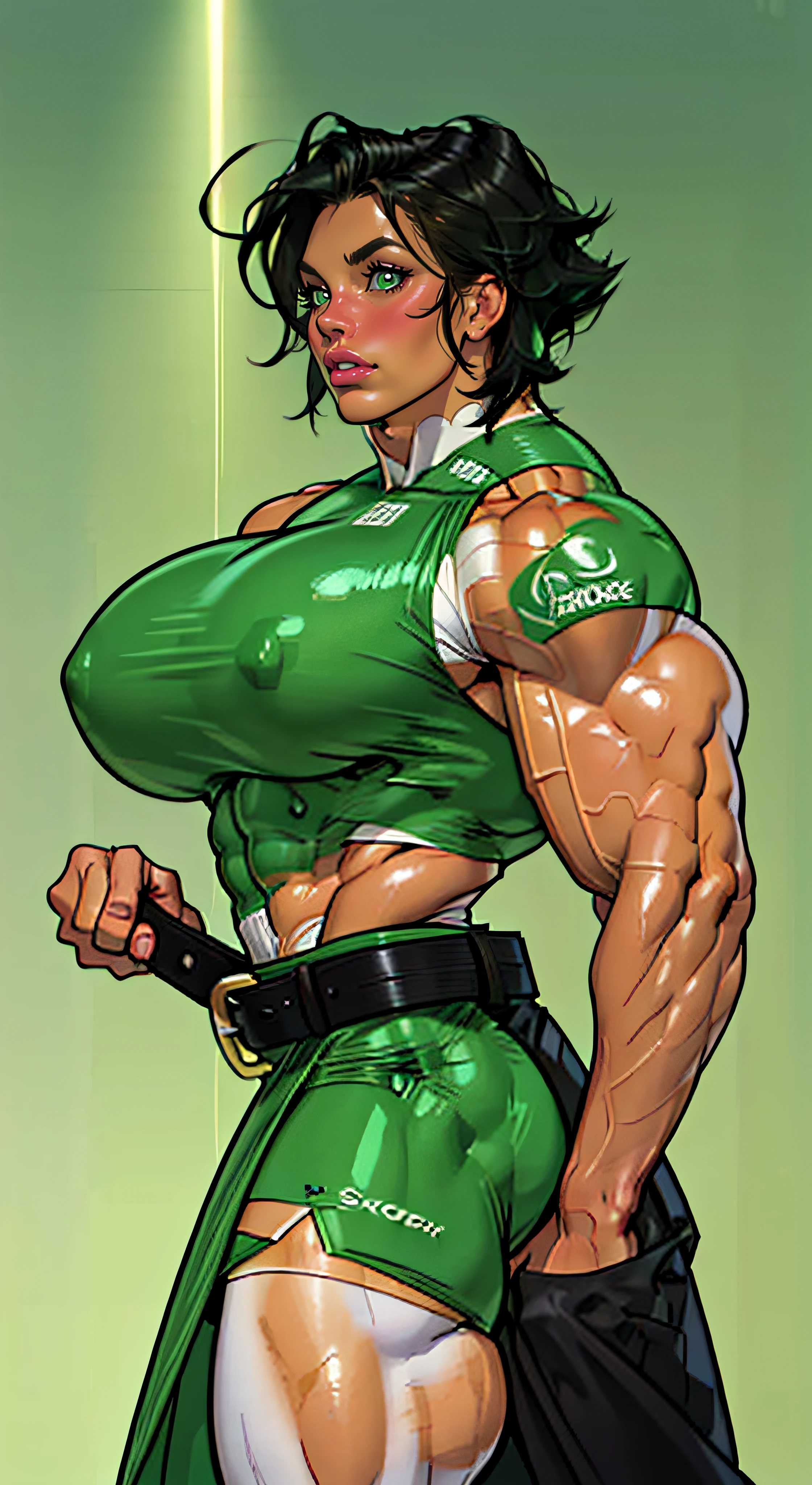 (buttercup)(black hair, green eyes, short hair, messy hair)(dress, light-green sleeveless dreslack belt, white thighhighs)(puffy lips:1.4), (((gigantic breasts:1.2))), ((Massive Bodybuilder)), masterpiece, (slendered abs:1.2) ,detailed , shiny skin, beautiful lighting from the side, harsh light, ((((huge muscles))))