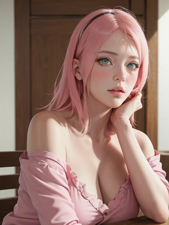 masterpiece, absurdres, sakura\(boruto\), 1girl, solo,mature female, off-shoulder oversized shirt, looking at viewelling petals), perfect composition, detailed lips, big breast, beautiful face, body propotion, blush, (pink lips), long hair, green eyes, soft gaze, super realistic, detailed, photoshoot, realistic face and body
