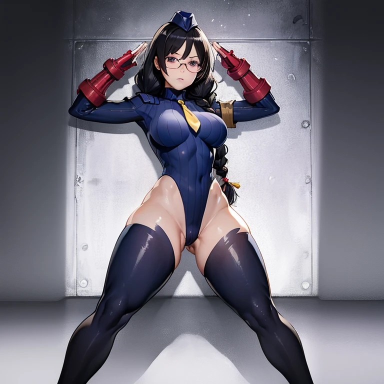 ultra-detailed, Explicit, Beautiful body, Beautiful Nose, Beautiful character design, perfect eyes, perfect face, ultra highres, 4K, beautiful legs, perfect legs, Nice hands, Perfect hand, Masterpiece, Best Quality, Highly detailed, illustration, absurdres, street fighter, doll suit, shadaloo doll, dollsuit, girls, multiple girls, expressionless, blank eyes, looking at viewer, red gloves, emotionless, black latex, corrution, mind control, female combatant, full body, hypnotized, unhappy trance, full body suit, ribbed bodysuit, both arms at side, stand up straight, obey, perfect female body, extremely glossy latex, hypnosis, hypnoLora, empty eyes, Mind control device, poses, submissive_pose, Slave, hat, necktie, stand up straight, standing, standing at attention, hat, necktie, belt, extending the right arm from the shoulder into the air with a straightened hand, nazi saluting, military, military saluting, salute, right hand saluting, left hand at side, latex, ribbed bodysuit, wide hip, thicc, a curvy body, hanekawa tsubasa, long hair, black hair, hair ornament, purple eyes, hairclip, braid, hairclip, twin braids, glasses,