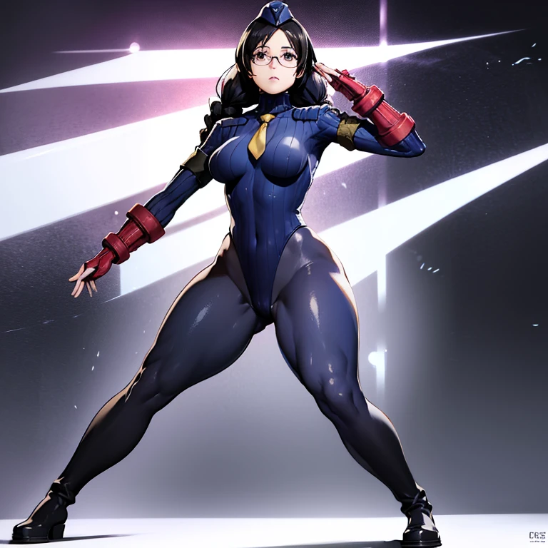 ultra-detailed, Explicit, Beautiful body, Beautiful Nose, Beautiful character design, perfect eyes, perfect face, ultra highres, 4K, beautiful legs, perfect legs, Nice hands, Perfect hand, Masterpiece, Best Quality, Highly detailed, illustration, absurdres, street fighter, doll suit, shadaloo doll, dollsuit, girls, multiple girls, expressionless, blank eyes, looking at viewer, red gloves, emotionless, black latex, corrution, mind control, female combatant, full body, hypnotized, unhappy trance, full body suit, ribbed bodysuit, both arms at side, stand up straight, obey, perfect female body, extremely glossy latex, hypnosis, hypnoLora, empty eyes, Mind control device, poses, submissive_pose, Slave, hat, necktie, stand up straight, standing, standing at attention, hat, necktie, belt, extending the right arm from the shoulder into the air with a straightened hand, nazi saluting, military, military saluting, salute, right hand saluting, left hand at side, latex, ribbed bodysuit, wide hip, thicc, a curvy body, hanekawa tsubasa, long hair, black hair, hair ornament, purple eyes, hairclip, braid, hairclip, twin braids, glasses,