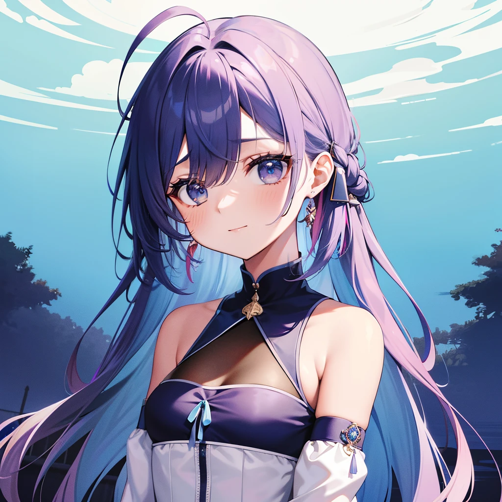 超A high resolution, NFFSW, best aesthetic, best quality, masutepiece, avatar plano, perfect lighting、(colorido、Cores vivas: 1.4)、Ahoge、Esbian de corpo inteiro, Tem cabelo encaracolado, cabelos curtos、 is shy, um sorriso, Estou usando um vestido azul escuro。adornos de cabelo, Chibi, fundo simples, brinco, joias, fechaduras laterais, grandes olhos ovais,avatar plano, fundo simples, Um cabelo encaracolado escuro,