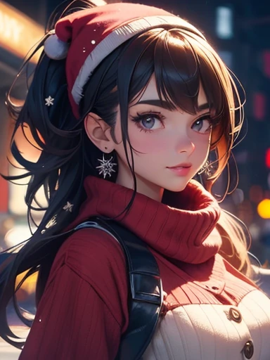 (best quality, masterpiece, perfect face, beautiful and aesthetic:1.2, colorful, dynamic angle, highest detailed face) cowboy shot, anime:1.2, solo, 
1girl ((Victoria Justice)) wearing a sexy christmas sweater in a snowy night in the city, christmas decoration,