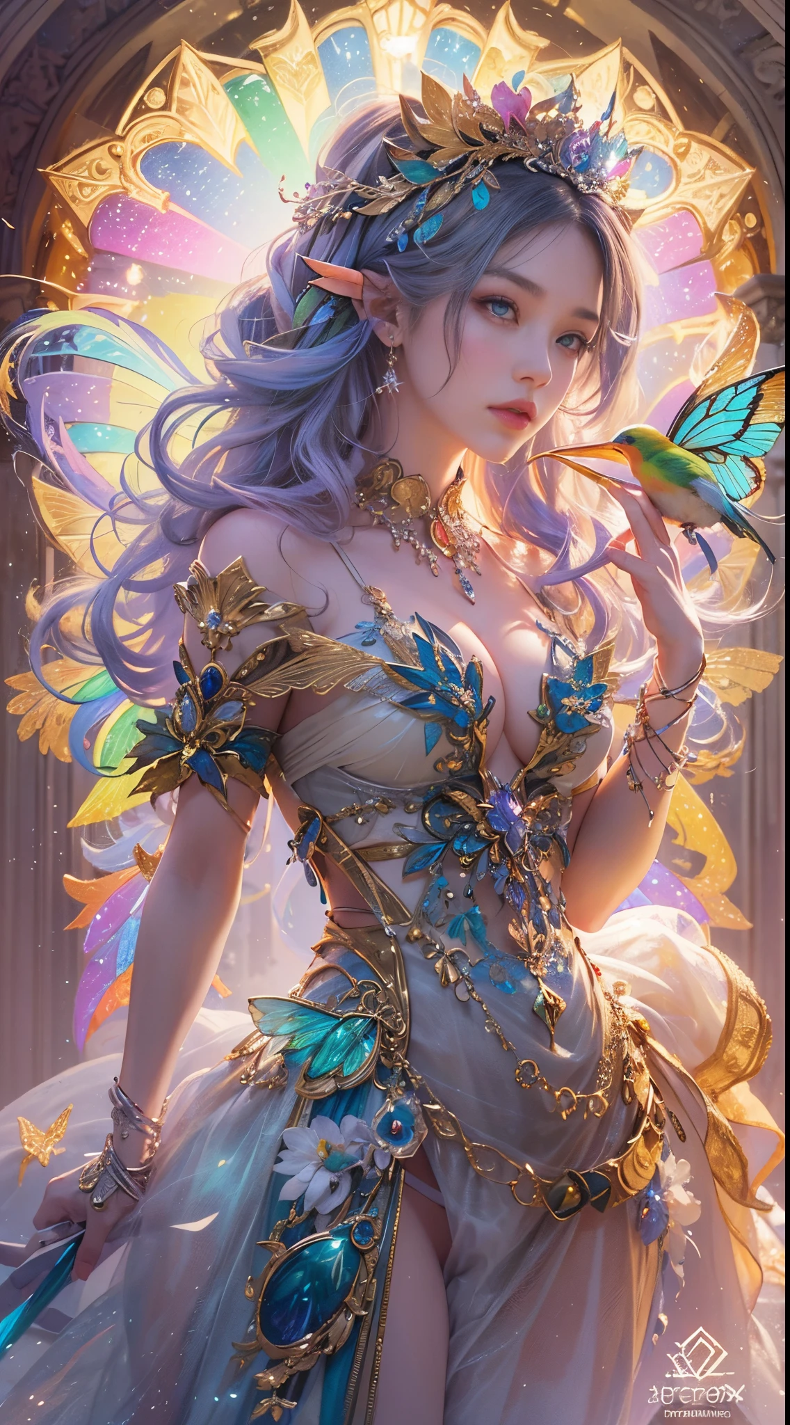 (((tmasterpiece))), (((Rich cleavage))), (((Best quality at best))), ((ultra - detailed)), (Highly detailed CG illustration), ((Extremely Delicately Beautiful)), 电影lamplight. Create stunning works of fantasy art,imitate the style of current popular genres. The work should contain rich and gorgeous mythology and fantasy、Fairy tale fantasy elements,and comes in colorful rainbow tones and deep jewel tones.. ((Use the rainbow as the primary color scheme.)) The character in the work is a delicate but strong petite character,Exudes mystery and magic. Pay close attention to intricate facial features, por exemplo, Bright colors and bold shadows captivate the eyes. The character's clothes should be designed with gossamer feathers, silkouette, Amazing embroidery, and subtle iridescent details. merging (((Translucent rainbow))), dream colors, 动态照明, and detailed background elements,Create a sense of awe and immersion. ((These include colorful flying magical birds and jewel-toned rainbow butterflies emitting a magical aura.)) Consider the latest trends in fantasy art, For example, incorporating unique lighting effects, Discover dynamic and compelling composition techniques, And try a unique color palette. Get inspired by artists on ArtStation and Midjourney. cameras: Choose an angle that highlights the beauty of the figure and enhances the magical majesty of the artwork. lamplight: Create depth and atmosphere with atmospheric lighting techniques. settle: Pursue high-resolution artwork,Demonstrate intricate detail and clarity. Artistic inspiration: Get inspired by popular artists on ArtStation, Explore different styles, type, and the theme.