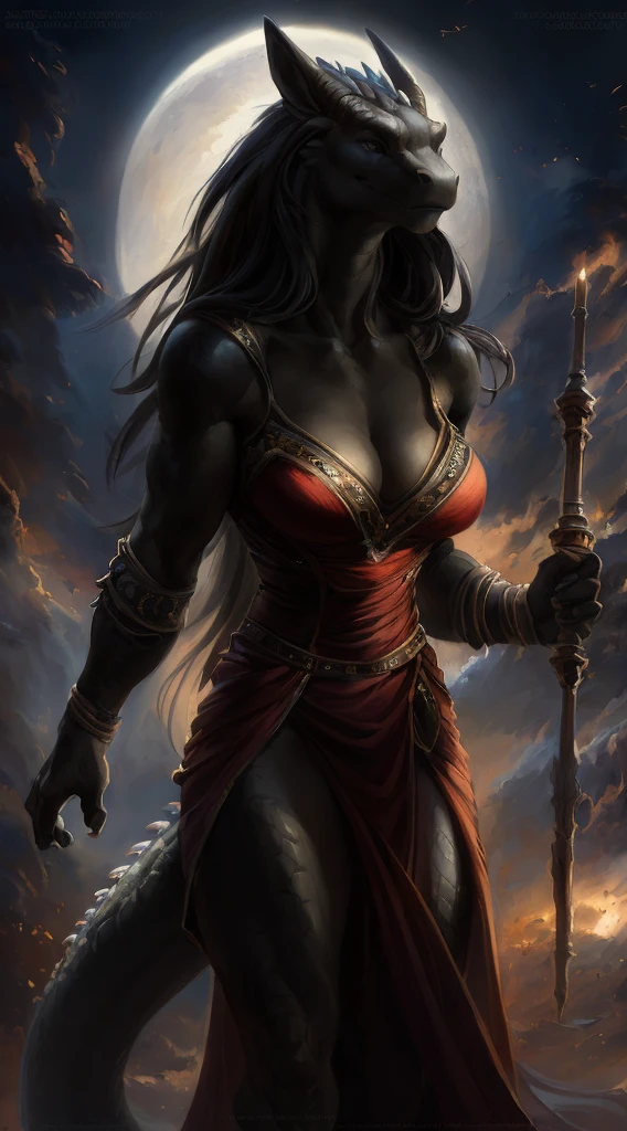 Dragon girl, big chest, day, sexy, sensual, detailed, uploaded to e621, beautiful and detailed portrait of an powerful anthropomorphic dragon ((female))) kenket, ross tran, ruan jia, uploaded to e621, zaush, foxovh, scalie, silver scalie, movie lighting, standing, moon lights, open legs, long hair, muscular, large breats, epic realism, Black skin, Red dress, Large neckline, Full body