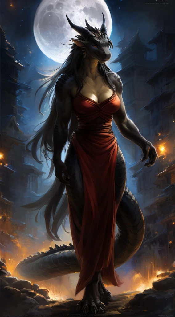 Dragon girl, big chest, day, sexy, sensual, detailed, uploaded to e621, beautiful and detailed portrait of an powerful anthropomorphic dragon ((female))) kenket, ross tran, ruan jia, uploaded to e621, zaush, foxovh, scalie, silver scalie, movie lighting, standing, moon lights, open legs, long hair, muscular, large breats, epic realism, Black skin, Red dress, Large neckline