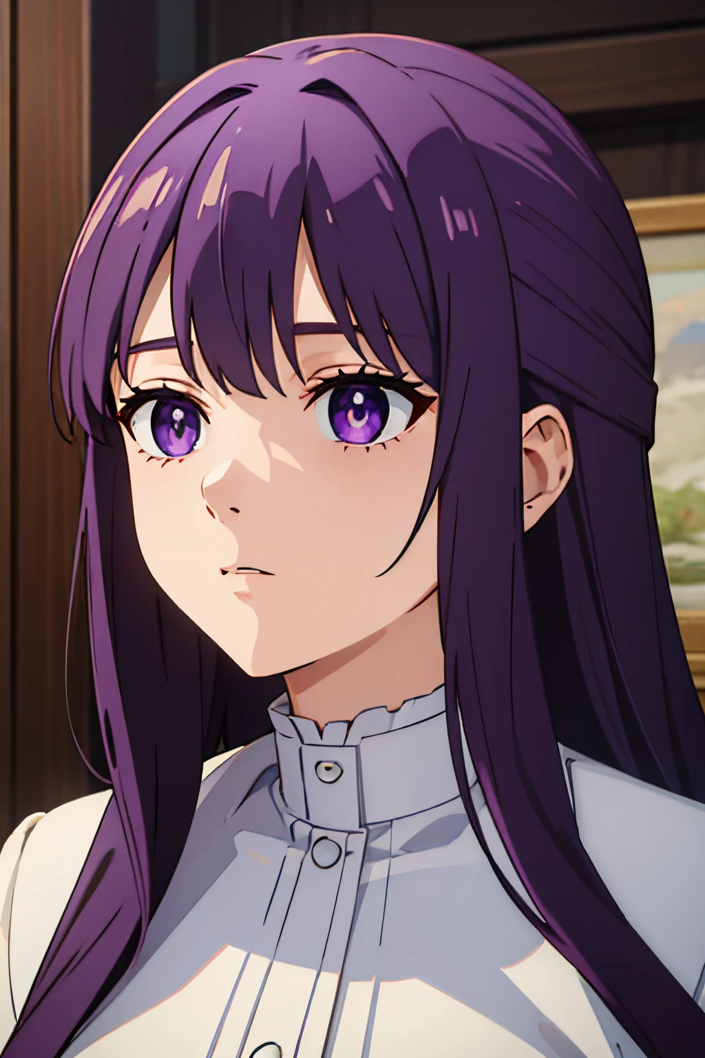 (masterpiece, best quality:1.2), close-up image of a person with long purple hair and white shirt, purple eyes, bulli, wearing [ [ 1st 2nd century, leaving the room, ultra detailed, best quality, expressive eyes, perfect face, ultra hight quality, ultra detail, hight quality, best quality