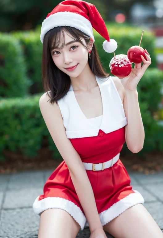 vest、master-piece、Ultra-high image quality、reality、youthful、(Beauty Face 1.4 Otome)、(There's milk in the middle..、Retractable waist)、bokeh、Micron、gleaming skin、head、fullbody、Red miniskirt、wearing a santa hat, Wear a Santa suit 、Slim body, Use your hands to hold the meatballs on a skewer.