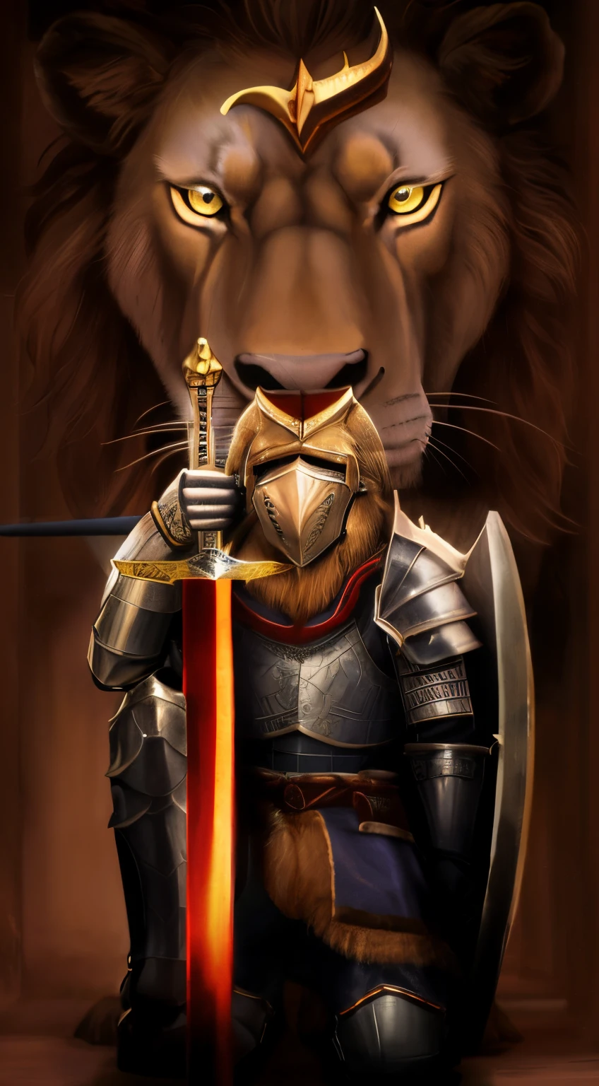 a lion with sword and armor sits next to a lion, lion warrior, king richard the lionheart, guerreiro poderoso, (((cavalo))), Senhor das Bestas, Rei dos Reis, com uma armadura e uma coroa, O Cavaleiro das Almas Negras, cavaleiro das almas das trevas, cavalo, vestido com armadura, cavaleiro da fantasia, O Cavaleiro da Armadura do Gato Dourado, Pronto para a batalha