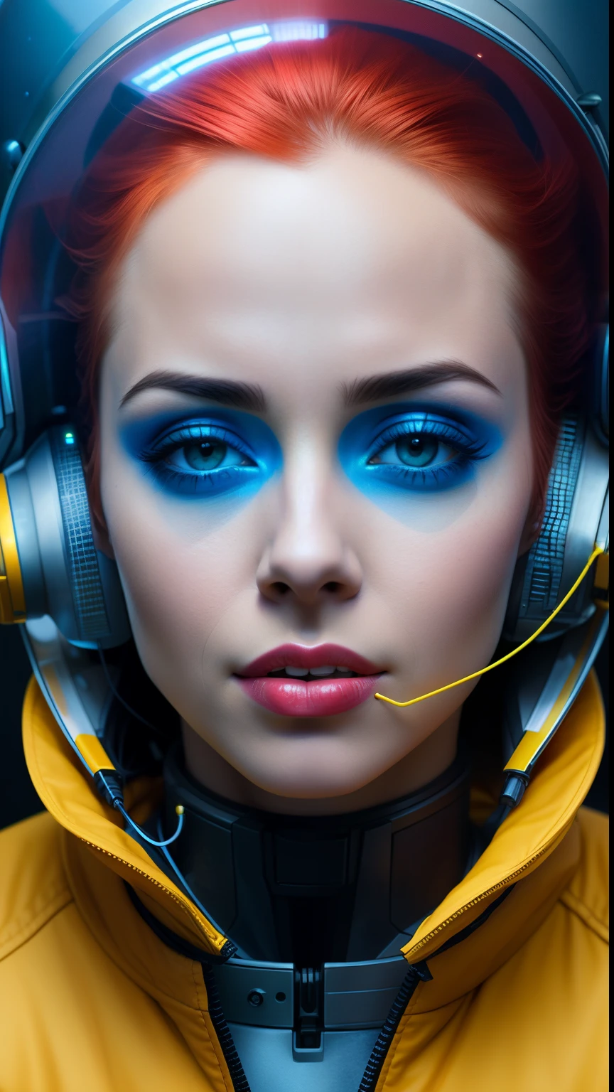 Mujer arafed con cabello rojo con una chaqueta amarilla y un casco., Retrato Hermosa Sci - FI Girl, portrait of a sci - fi woman, Retrato de mujer futurista, Sci - Fi Look, Retrato Astronauta blindado Chica, Retrato de un astronauta de IA, Hermosa mujer en traje espacial, Retrato de un cyborg espacial, Retrato futurista Solder Girl, Atractiva cara sci - fi