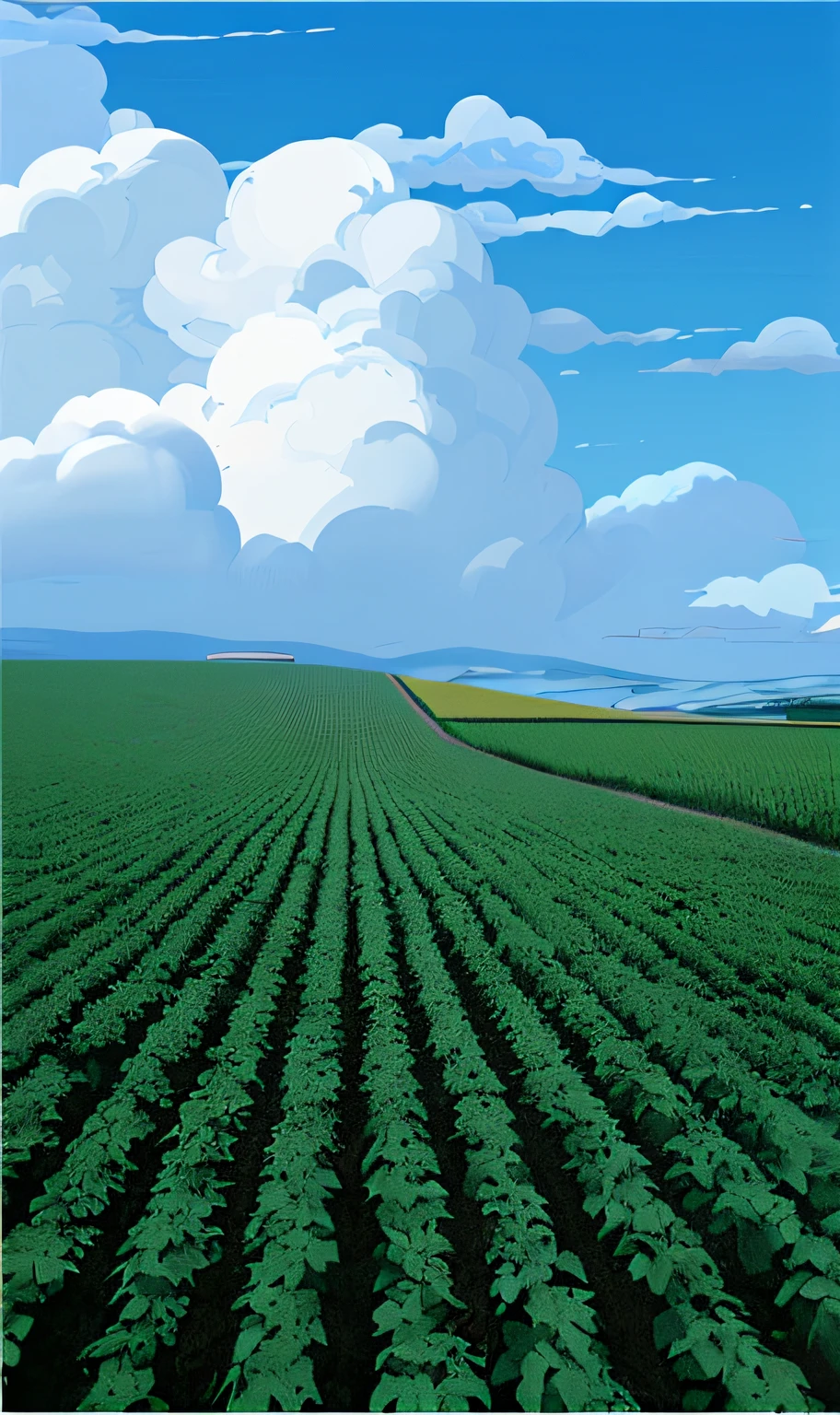 potato field,cropper,Distant blue sky and white clouds Makoto Shinkai animation style
