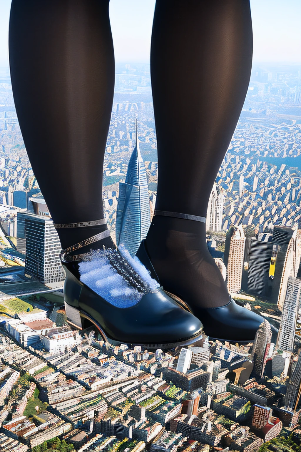 Bird View, giantess art, a hyperrealistic schoolgirl, highly detailed giantess shot, der riese, Shorthair, Black pantyhose, A gigantic high school girl that exceeds a skyscraper, Wearing rimless glasses, Colossal tits, Navy blue blazer, Red tie, Mini Length Skirt, Black pantyhose, Pantyhose sole, Pantyhose Toe, hands off shoes, very small metropolis, Trying to destroy a miniature metropolis, Full body depiction, nffsw, Giga Giants, der riese, Black pantyhose, Pantyhose legs, Pantyhose sole, Stomping City, crash city, Small town, micro city,