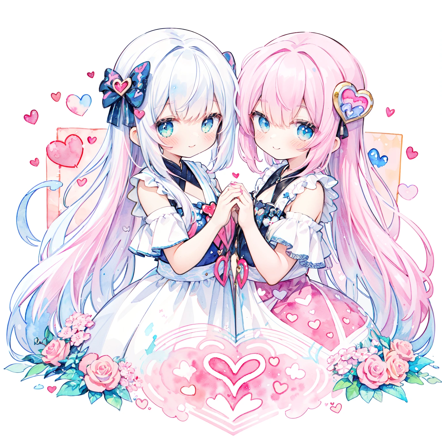 Transparent watercolor,Copic Art,A smiling girl with a collection of big heart and small heart motifs、full bodyesbian、♡♡、white backgrounid、Pink motif、Beautifully detailed、Moya、colourfull、marble、Particles of light、patterns、